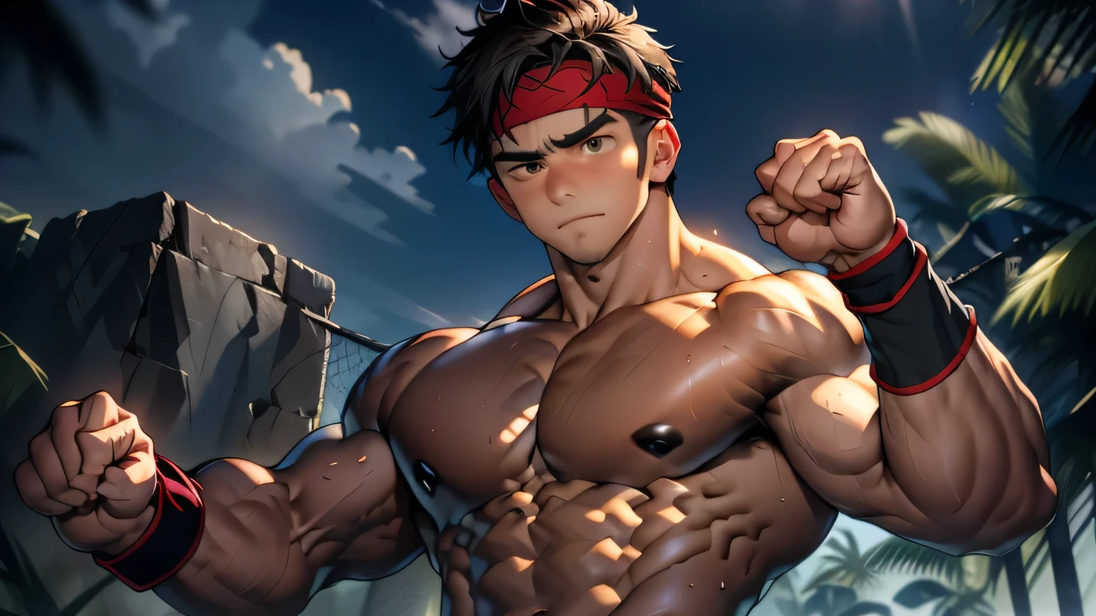 (Masterpiece, Best quality 18 year old boy, simple background, bust shot, looking away), solo, Young, boy, muscler, full bodyesbian, Shirtless, topless, (Dark Short straight hair, under cut, brown eyes), (torn cloth, red headband, ((black wristband))), Vivid colors, (hot Abs, big breast, chest muscle, upper arms), (topless male), closed mouth, tight muscler body, ((epic martial arts pose, fighting pose))