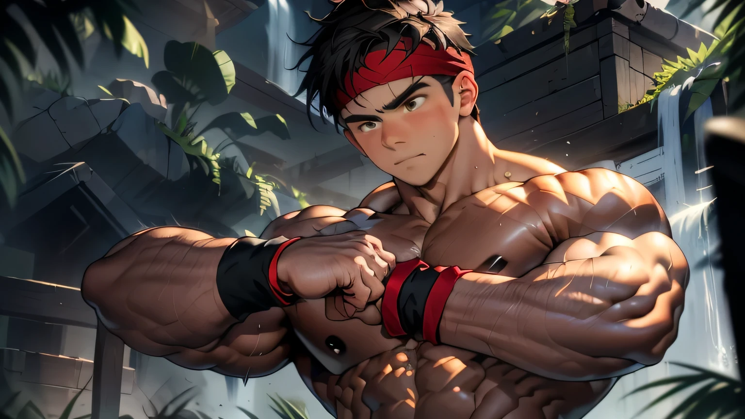 (Masterpiece, Best quality 18 year old boy, simple background, bust shot, looking away), solo, Young, boy, muscler, full bodyesbian, Shirtless, topless, (Dark Short straight hair, under cut, brown eyes), (torn cloth, red headband, ((black wristband))), Vivid colors, (hot Abs, big breast, chest muscle, upper arms), (topless male), closed mouth, tight muscler body, ((epic martial arts pose, fighting pose))