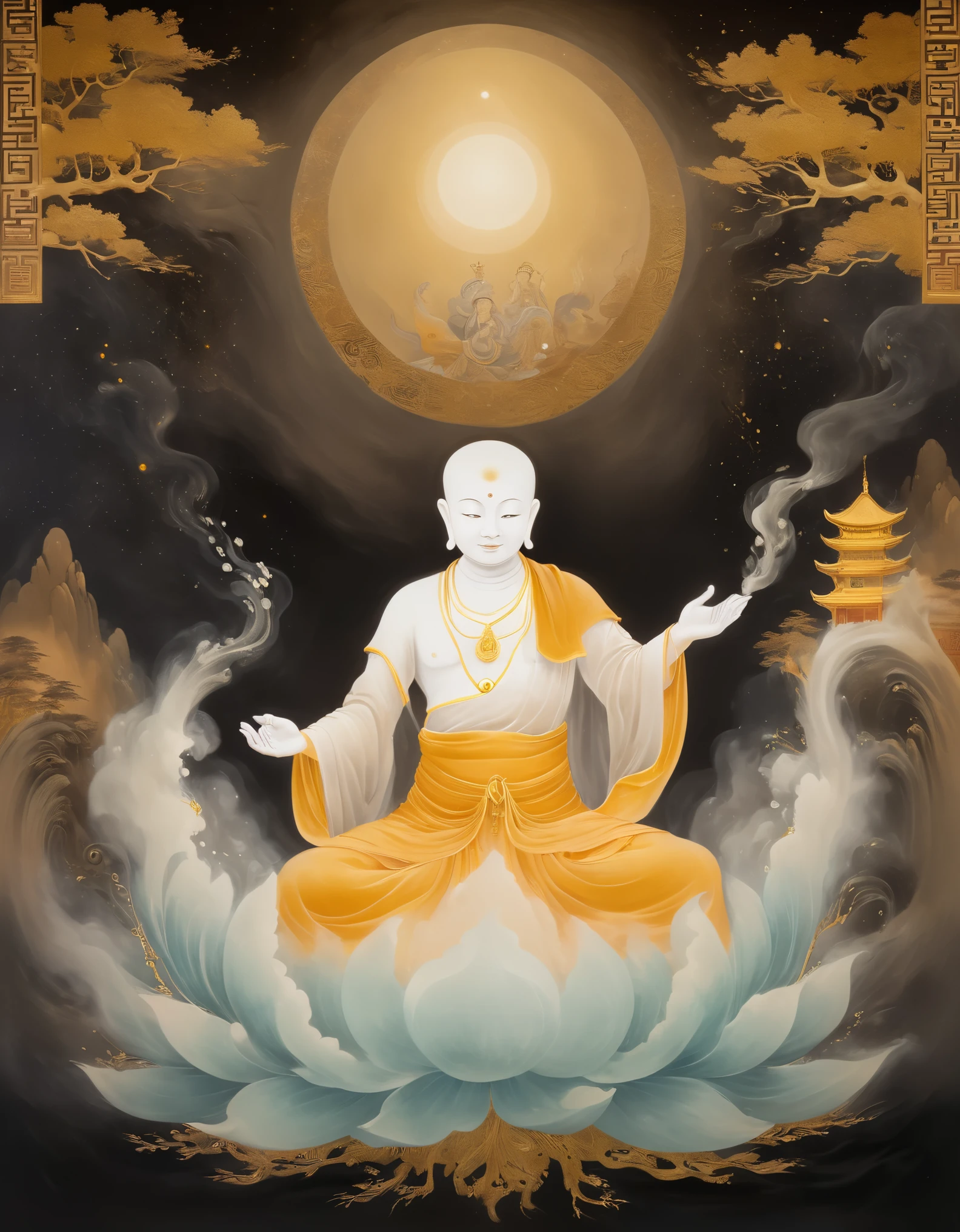 (microscopic little monk sitting on a huge black hand with gold trim suspended in the air), Dunhuang frescoes, minimalist, line art, from front and center to ghostly smoke, transition from solid to ghostly, wise and powerful yet calm, rich in detail, psychedelic style, dreamy style, theatrical style, ancient Chinese style, painting style, ink painting, fantasy, surreal, ethereal