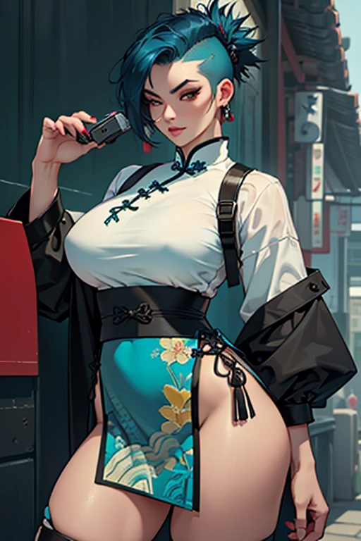 ch3rryg1g, ((Masterpiece)), ((ultraHD)), Women with Glock 19 strapped to her thigh (massive breasts, full lips), ((Chinese)), ((Asian)), dark teal blue hair, unruly shaved side mohawk, mascara, eye shadow, tall, wide hips, giant , qipao 