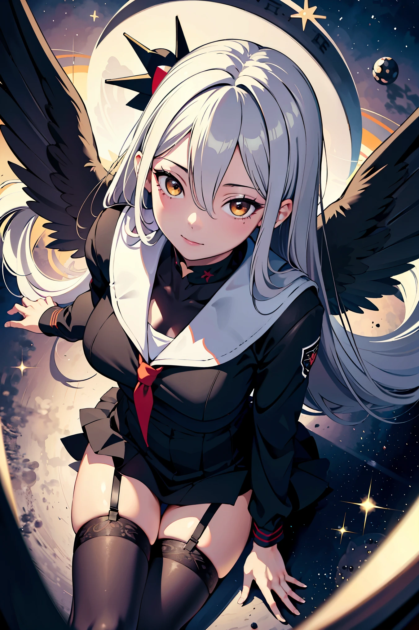 absurd res, high res, (masterpiece:1.4), ultra-detailed, 1girl, (from above), space, floating, black sailor dress, black dress, black stockings, white hair, yellow eyes, Yandere face, yandere smirk, wings, hair between eyes, panties