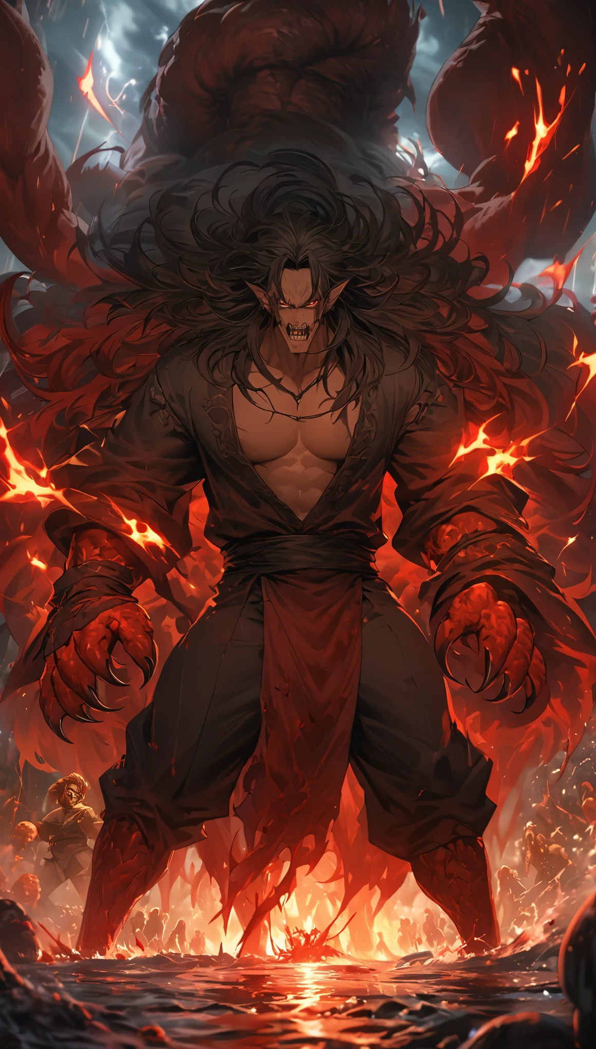 "Imagine a powerful male demon inspired by Final Fantasy's Ifrit. He has a muscular and imposing figure, with dark, fiery red skin. Sharp, menacing horns emerge from his head, and his eyes glow an intense yellow color. Its mouth is full of sharp, jagged teeth. Its body is adorned with tribal markings and scars, adding to its intimidating presence. Its hair is long and wild, resembling flames that cascade down its back. is enveloped in an aura of fire and heat. In the background, a dark volcanic scene with flowing lava and burning embers in the air."