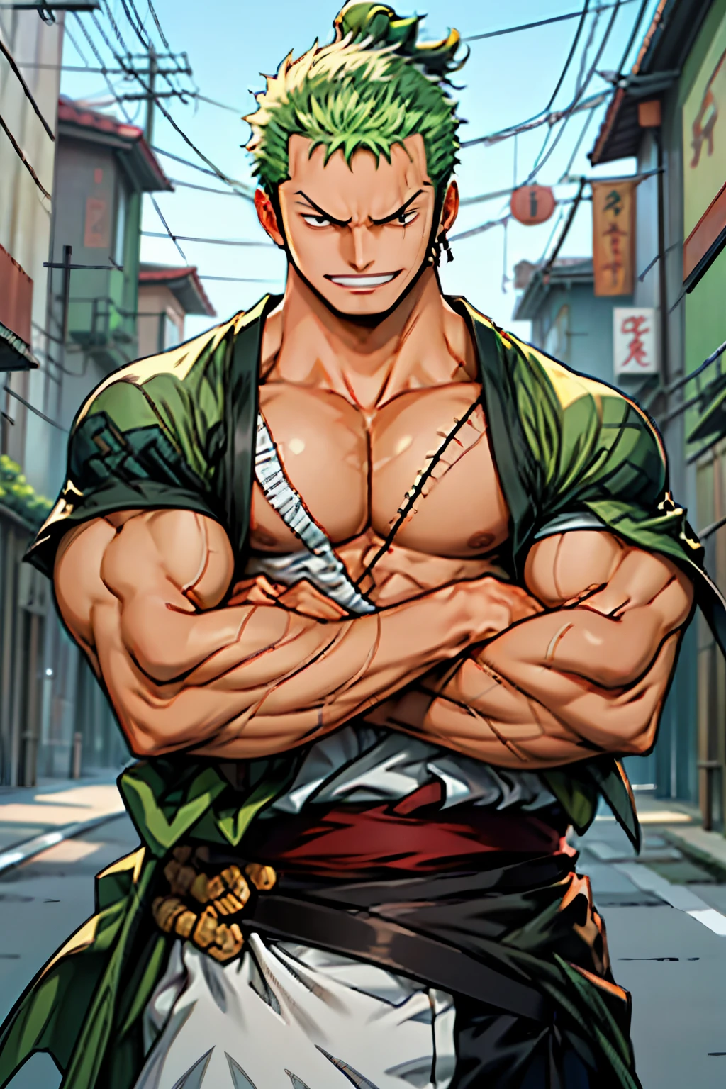 (masterpiece, best quality:1.2), cowboy shot, solo, male focus, 1boy, roronoa zoro, scar, muscular male, grin, looking at viewer, )crossed arms, japanese clothes, green kimono,make the hands fit prefect,focus more on the eyes,make the clothing more perfect