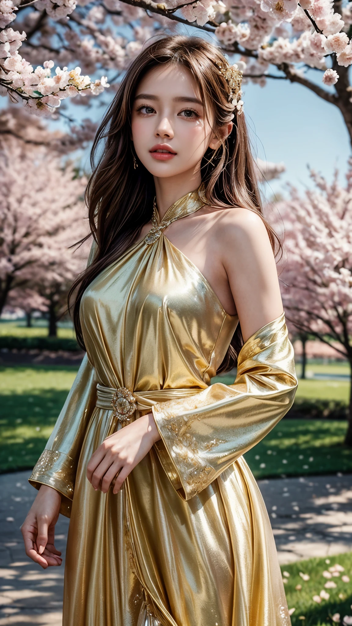 (shining gold dress, long fluttering hair, radiant skin) is dancing gracefully in a field of blooming cherry blossoms. The scene is captured in an exquisite oil painting style with vibrant colors and meticulous brushstrokes. The sunlight gently filters through the delicate petals, casting a warm and dreamy atmosphere. The woman's eyes sparkle with joy and passion while her lips are adorned with a captivating smile. The intricate details of her dress shimmer with golden hues, reflecting light and creating a sense of enchantment. The composition is framed by the graceful branches of the cherry blossom trees, adding depth and a touch of nature to the artwork. The overall image quality is of the highest standard, with ultra-detailed features and photorealistic rendering. The rich palette of colors, including shades of pink, Pink, and green, evokes a sense of beauty and serenity. The lighting in the painting is soft and natural, emphasizing the woman's elegant movements and enhancing the overall visual appeal.
