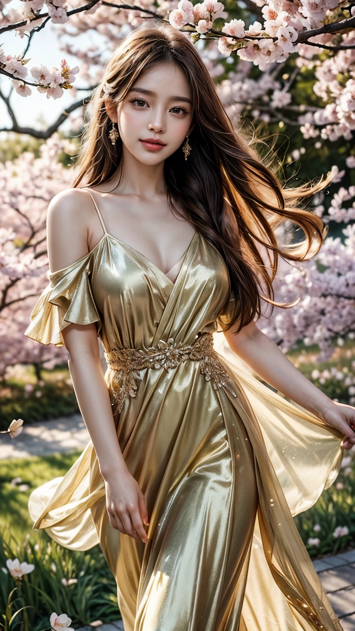 (shining gold dress, long fluttering hair, radiant skin) is dancing gracefully in a field of blooming cherry blossoms. The scene is captured in an exquisite oil painting style with vibrant colors and meticulous brushstrokes. The sunlight gently filters through the delicate petals, casting a warm and dreamy atmosphere. The woman's eyes sparkle with joy and passion while her lips are adorned with a captivating smile. The intricate details of her dress shimmer with golden hues, reflecting light and creating a sense of enchantment. The composition is framed by the graceful branches of the cherry blossom trees, adding depth and a touch of nature to the artwork. The overall image quality is of the highest standard, with ultra-detailed features and photorealistic rendering. The rich palette of colors, including shades of pink, Pink, and green, evokes a sense of beauty and serenity. The lighting in the painting is soft and natural, emphasizing the woman's elegant movements and enhancing the overall visual appeal.
