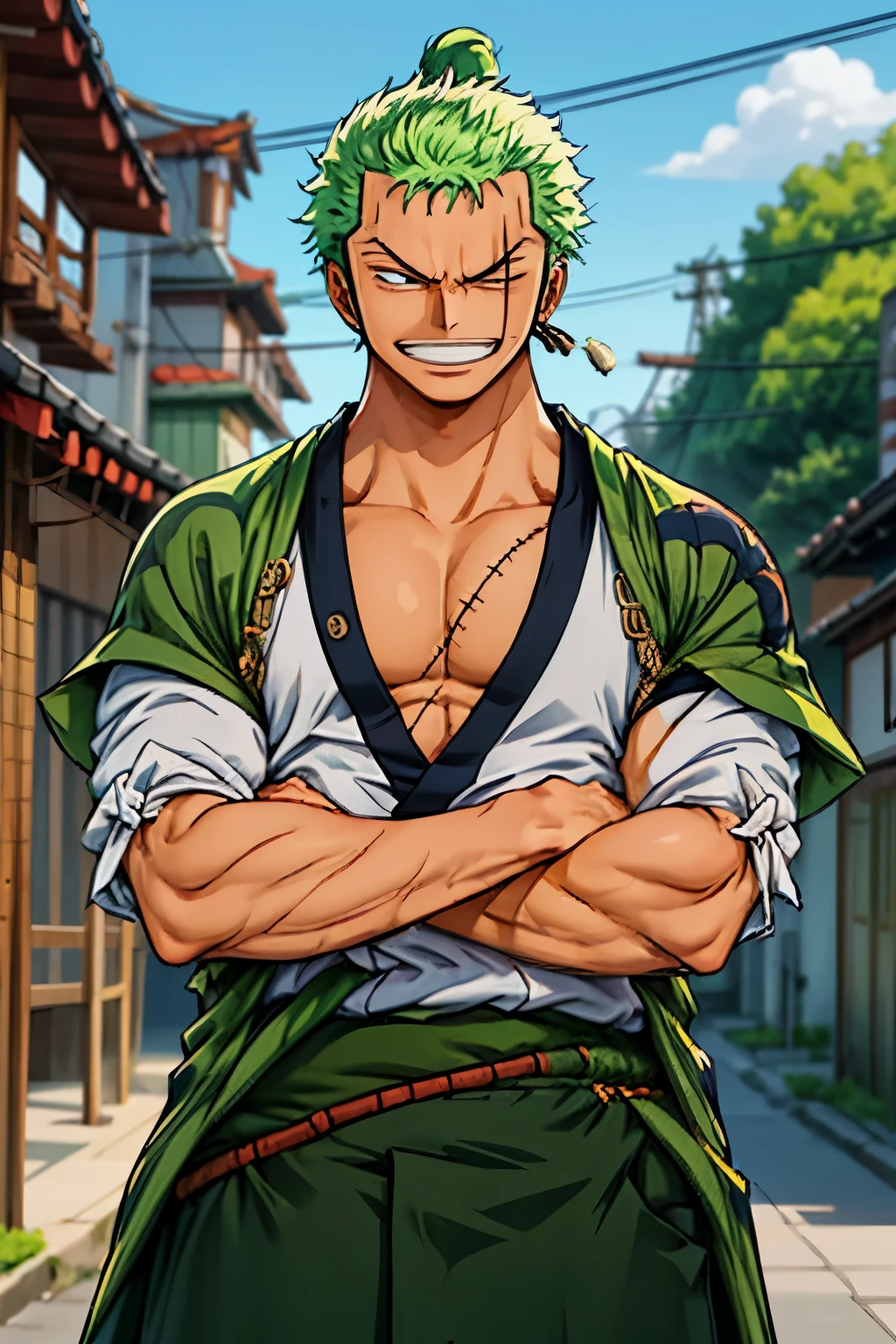 (masterpiece, best quality:1.2), cowboy shot, solo, male focus, 1boy, roronoa zoro, scar, muscular male, grin, looking at viewer, )crossed arms, japanese clothes, green kimono,make the hands fit prefect,focus more on the eyes,make the clothing more perfect