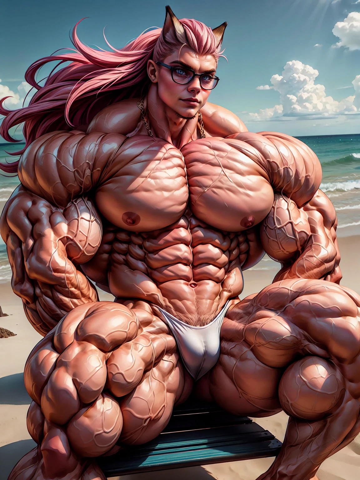 (1 girl:1.25), (cara delevingne:1.25), (a photo of a naked bodybuilder girl on the beach:1.25), (long pink hair:1.35), (huge upper body:1.45), (wide shoulders:1.25), (huge muscular arms:1.45,) (10-pack abs:1.4), (lots of veins:1.25), (thin legs:1.25), Realistic, Very detailed face and eyes, masterpiece