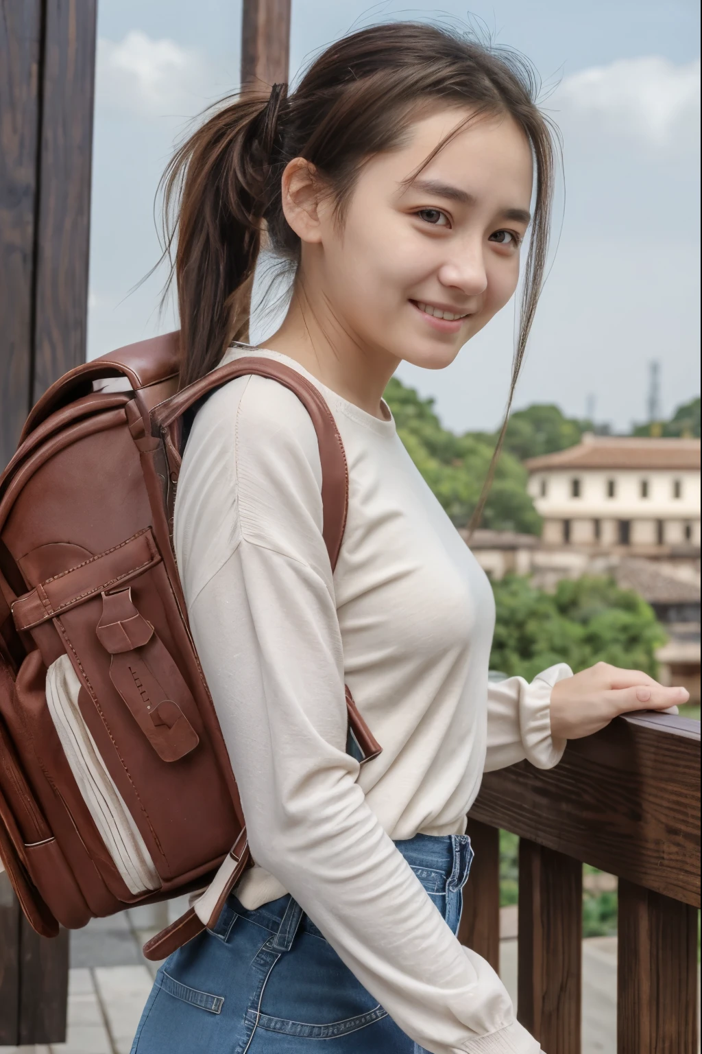 masterpiece, best quality, realistic, high resolution, extremely detailed, detailed background, cinematic lighting, 1girl, looking at viewer1  girl, brown hair, ponytail, brown eyes, white blouses, long Sleeve, puffy Sleeve, oversized long pants, smile, wearing randoseru backpack, (randoseru backpack:1.0)