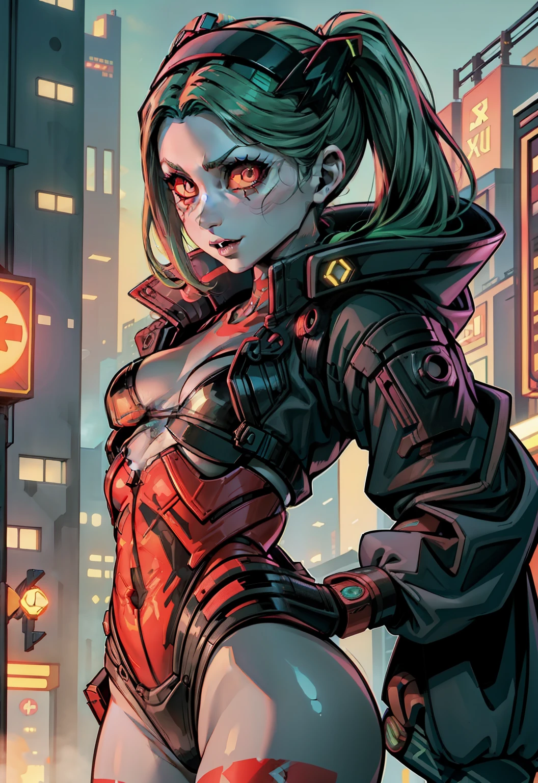 1girl, redhead hair, girl, mature woman, micro highleg highneck swinsuit, small breast, futuristic cyberpunk, bionic joints, (twin tail, hairband, mechanical eye, colored sclera, red sclera, long hair, green pupils, fang, red eyes, black croped jacket ) 2d, colorful manga detailed illustration, cinematic, ultra highly detailed, beautiful details, vivid, saturated colors, filigree detailed, tiny details, pop surrealism, cowboy shot