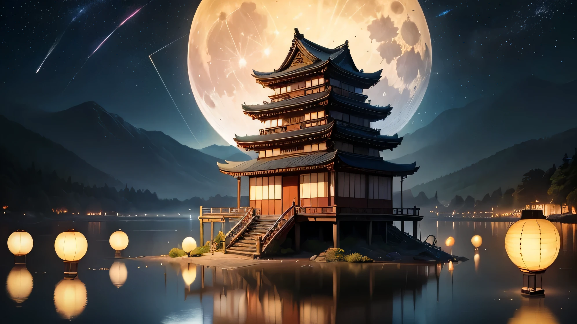 ((((masterpiece))), (((best quality))), Golden ancient Japanese building poster with full moon background, Looking squarely at the super full moon, Chinese style loft, lake, reflection, reflection, fantasy art, Huge full moon on architectural background, Flying Lantern, bright lantern, Mid-Autumn Festival, meteor, meteor, Meteor, firefly, Small ball of light, field, wonderful, light particles, star shower,There is only one full moon，8K