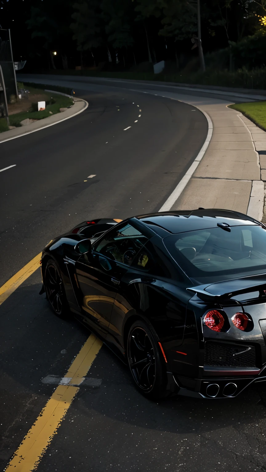 (highres:1.2),Nisan GTR,black glossy paint,rear view,illuminated headlights,top speed decal