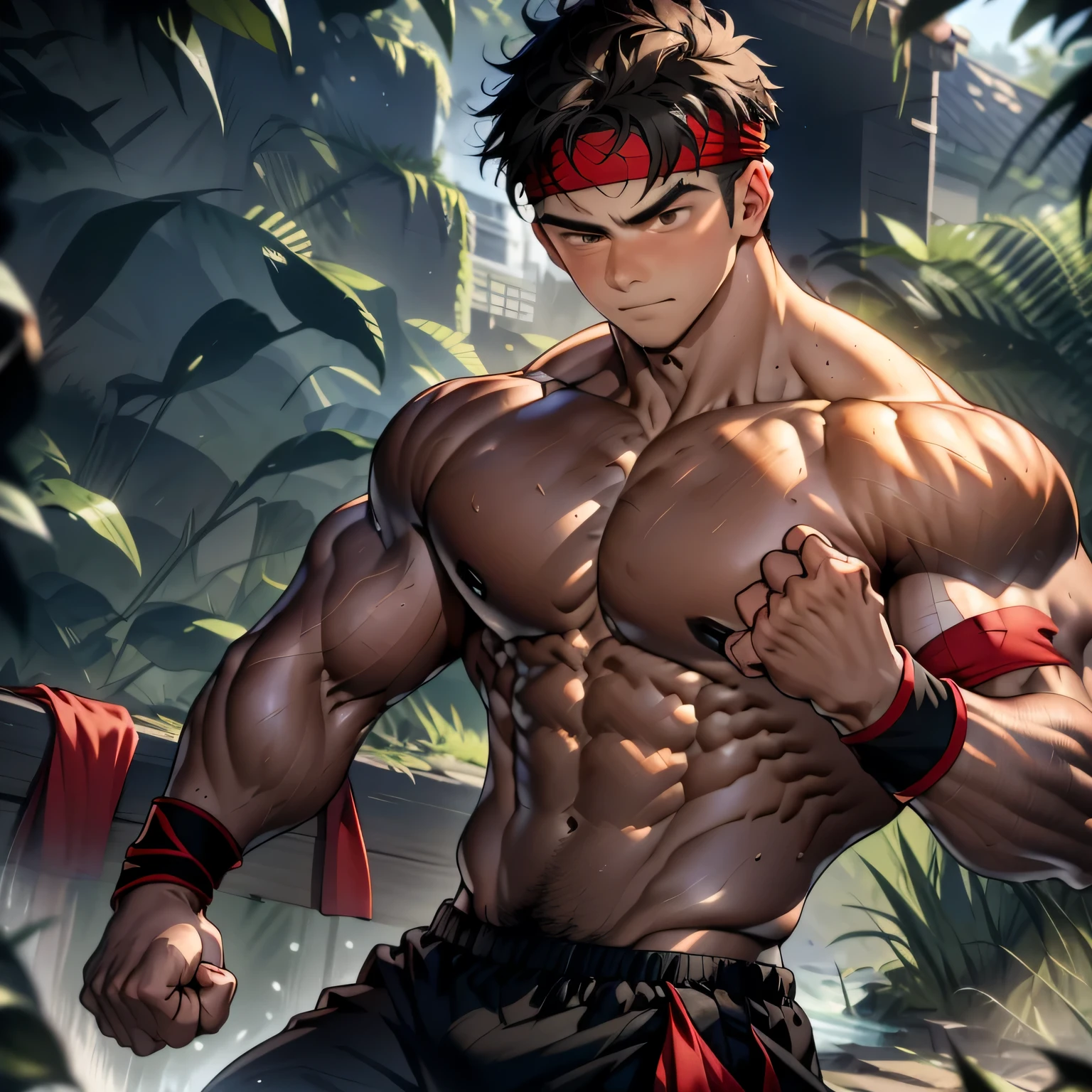 (Masterpiece, Best quality 18 year old boy, simple background, bust shot, looking away), solo, Young, boy, muscler, full bodyesbian, Shirtless, topless, (Dark Short straight hair, under cut, brown eyes), (torn cloth, red headband, ((black wristband))), Vivid colors, (hot Abs, big breast, chest muscle, upper arms), (topless male), closed mouth, tight muscler body, ((epic martial arts pose, fighting pose))