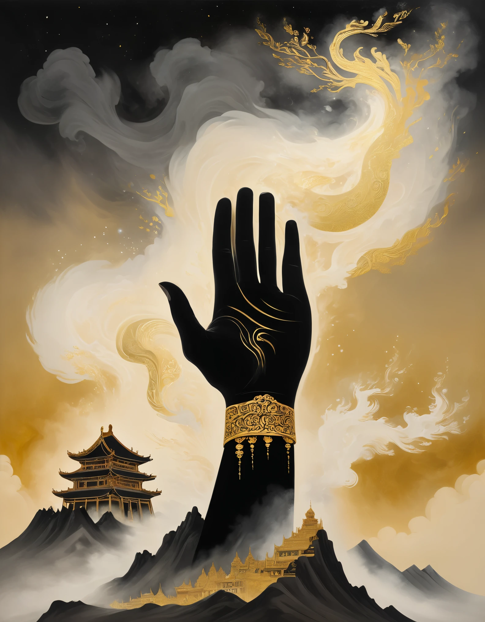 Giant hand in black with gold trim reaching down vertically from the sky, with Dunhuang frescoes in the background, minimalist, line art, changing from front and center to ghostly smoke, transitioning from solid to ghostly, wise and powerful yet calm, rich in detail, psychedelic, dreamy, theatrical, Chinese ancient style, painting style, ink painting, fantasy, surreal, ethereal