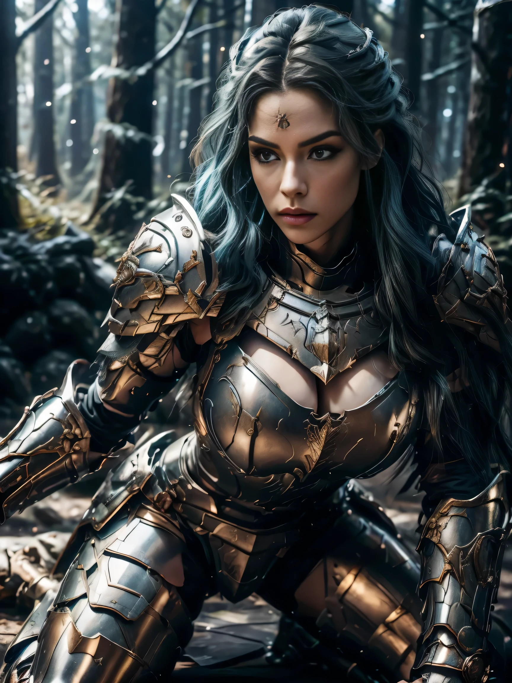 (8K, Raw photography, top-quality, masterpiece:1.2), close up,One Woman、age of 30, close up.{scinematic angle、Wide Angle、Don't split the screen、}(Realistic Skins 1.4)、(valkyrie、Valkyria)、(the Witcher armor((Western knights、Plate armor covering the whole body、Metal armour )))、(((forest background, golden hour, Asgard))、50mm Lens、30mm film、wide angles(long wavy blue hair)、Blue eyes、shinny skin、beautiful detailed hair、Beautiful delicate face、Beautiful delicate eyes、{large chest、、muscular body, curvy big 、}、long wavy blue hair , long socks, black socks, black skinny trousers, skinny leggins, big hips, muscular girl, big hips, chest covered with armor, fighting pose, fight,duel pose, buried forest background, war scene, flames, the Witcher, buried ancient city n the background