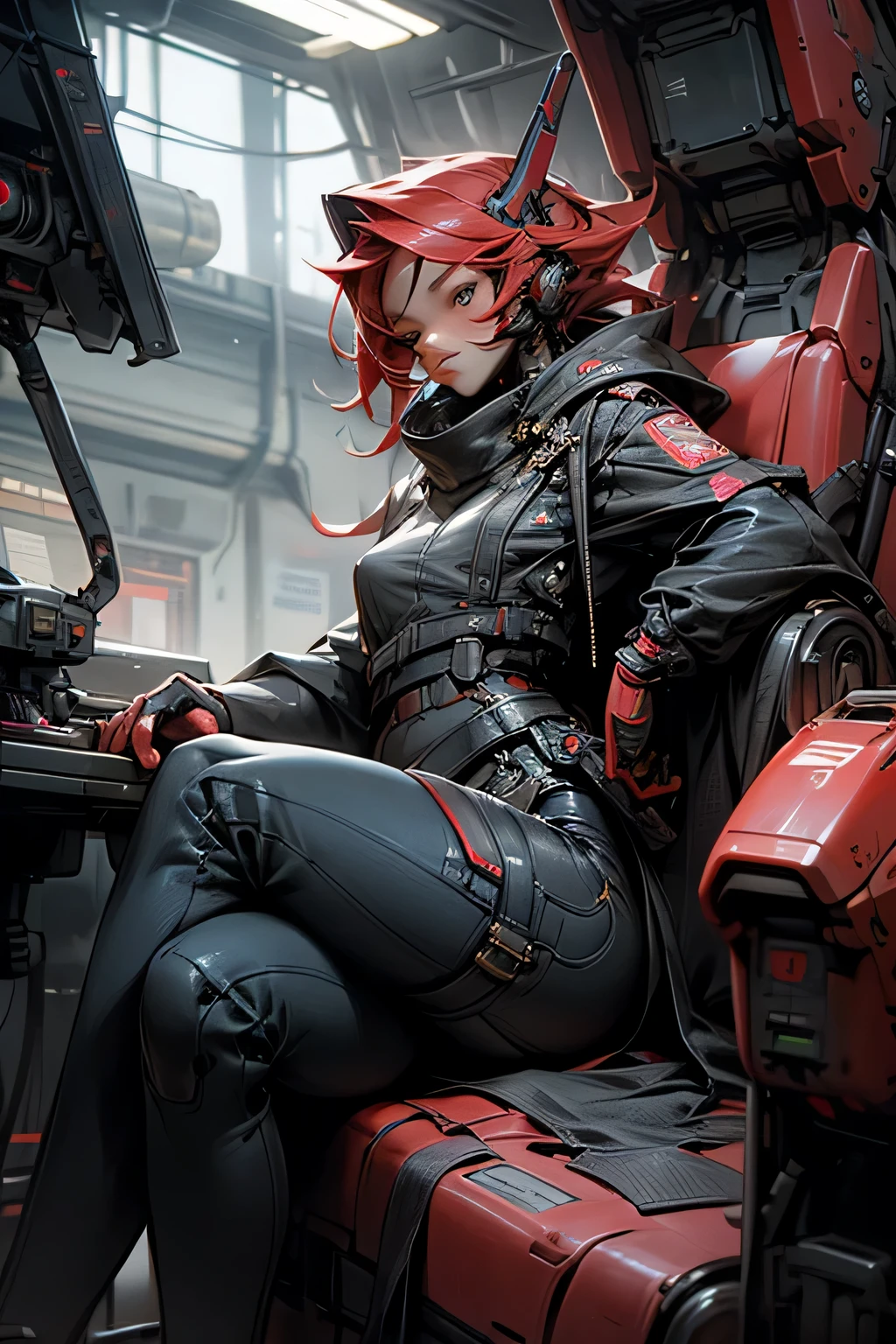 A female robot pilot，Sitting in the cockpit of a large robot，wearing red|Blue tight sexy tights with high slits，Cyberpunk style clothing，belt，Sexy nudity，