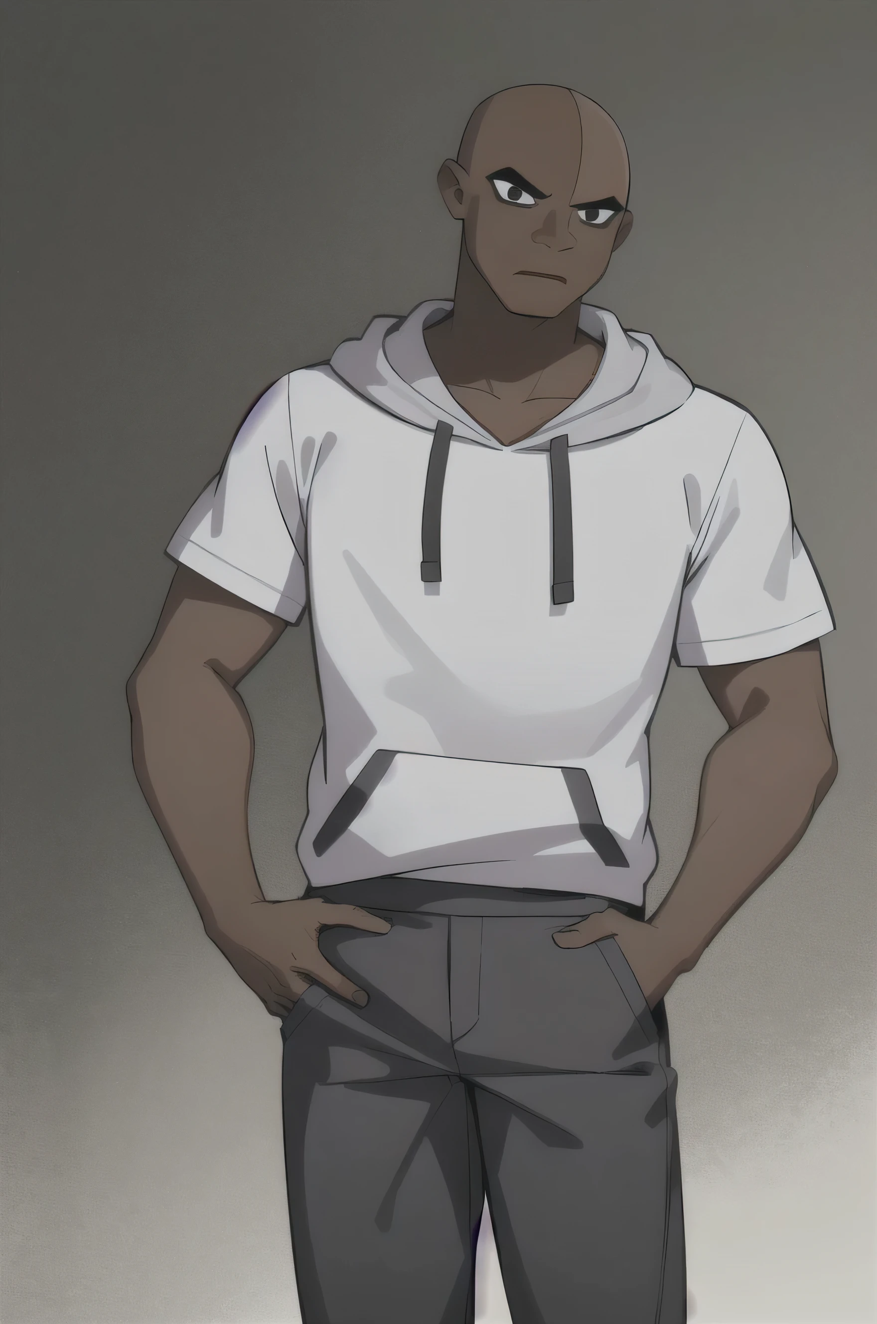 masterpiece, best quality, 1boy, victorhuman, 1boy, dark skin, hoodie, grey pants, black eyes, dark skin, bald,  hands on hips, solo, solid grey background 