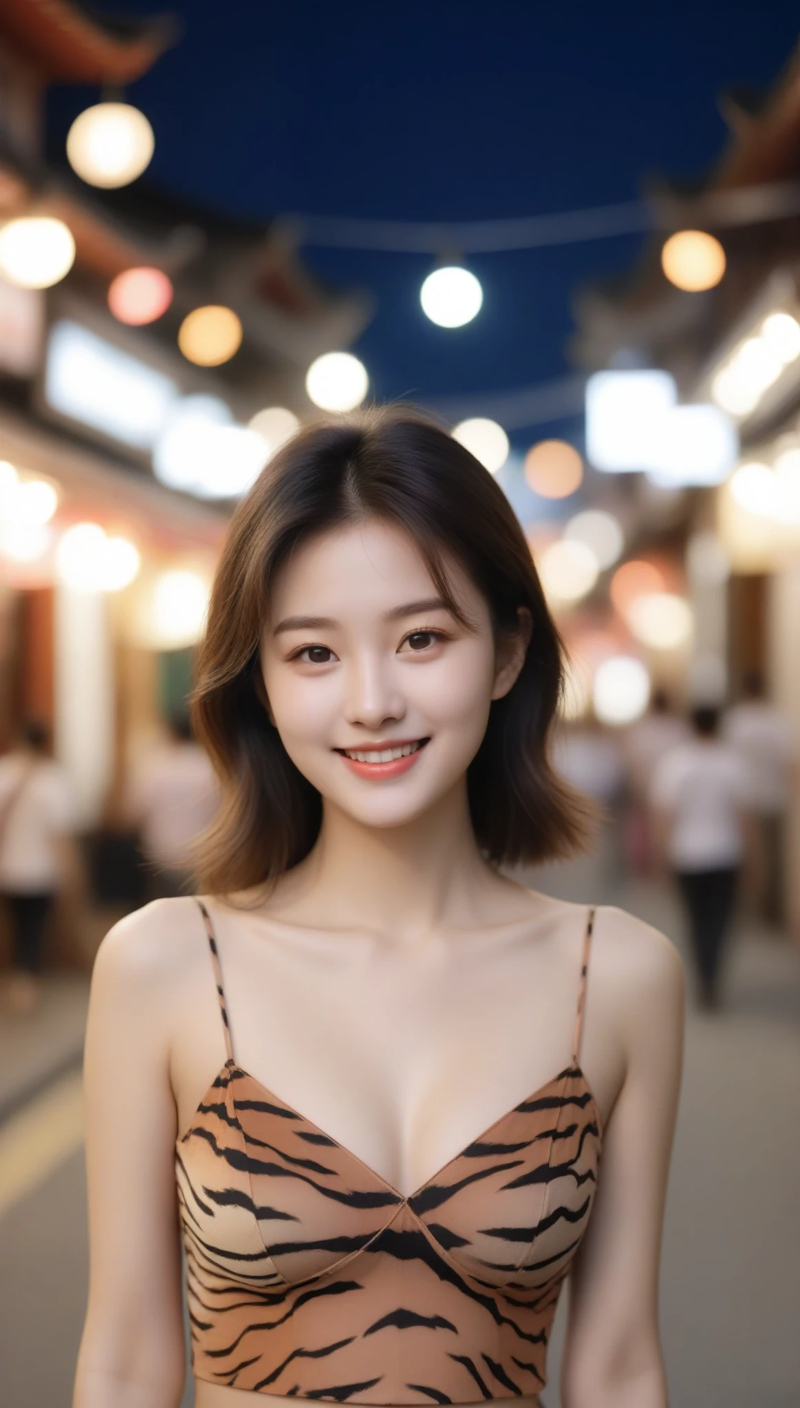 close-up of beautiful korean female, 34 inch breasts size, smiling, wearing camisole crop tiger striped pattern, walking in China town, night, bokeh background, Polaroid photo, UHD