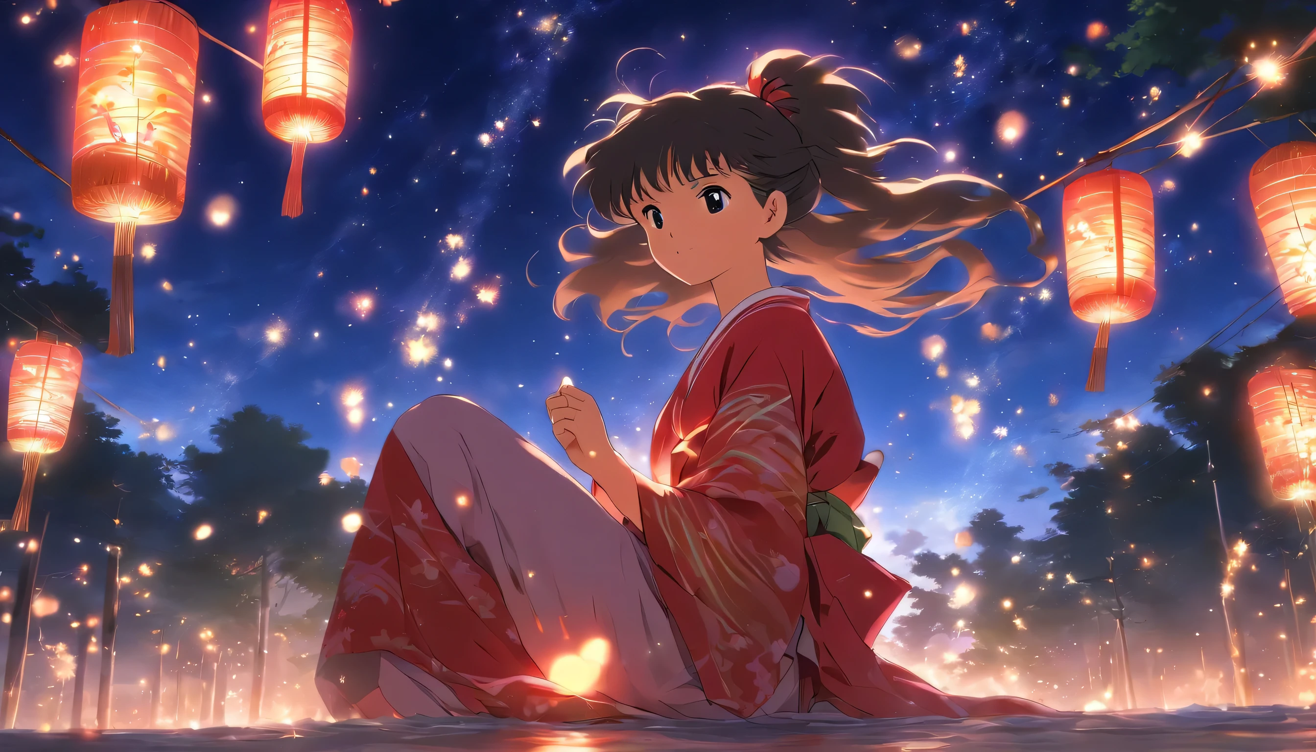 (highest quality, masterpiece, High resolution), Kagome Higurashi, 1 girl, wearing a kimono、under the starry sky、firework、barefoot, long sleeve, white socks, sitting, scenery,