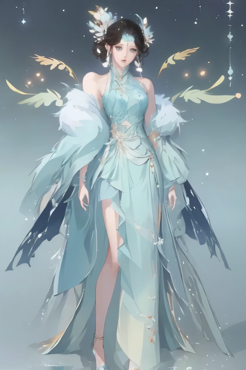 Masterpiece, a beautiful void goddess, full body white transparent clothes standing under empty night stars, disappearing transparent pants, full body standing, tall figure, slender legs, facial details, detailed body part details, 8k wallpaper