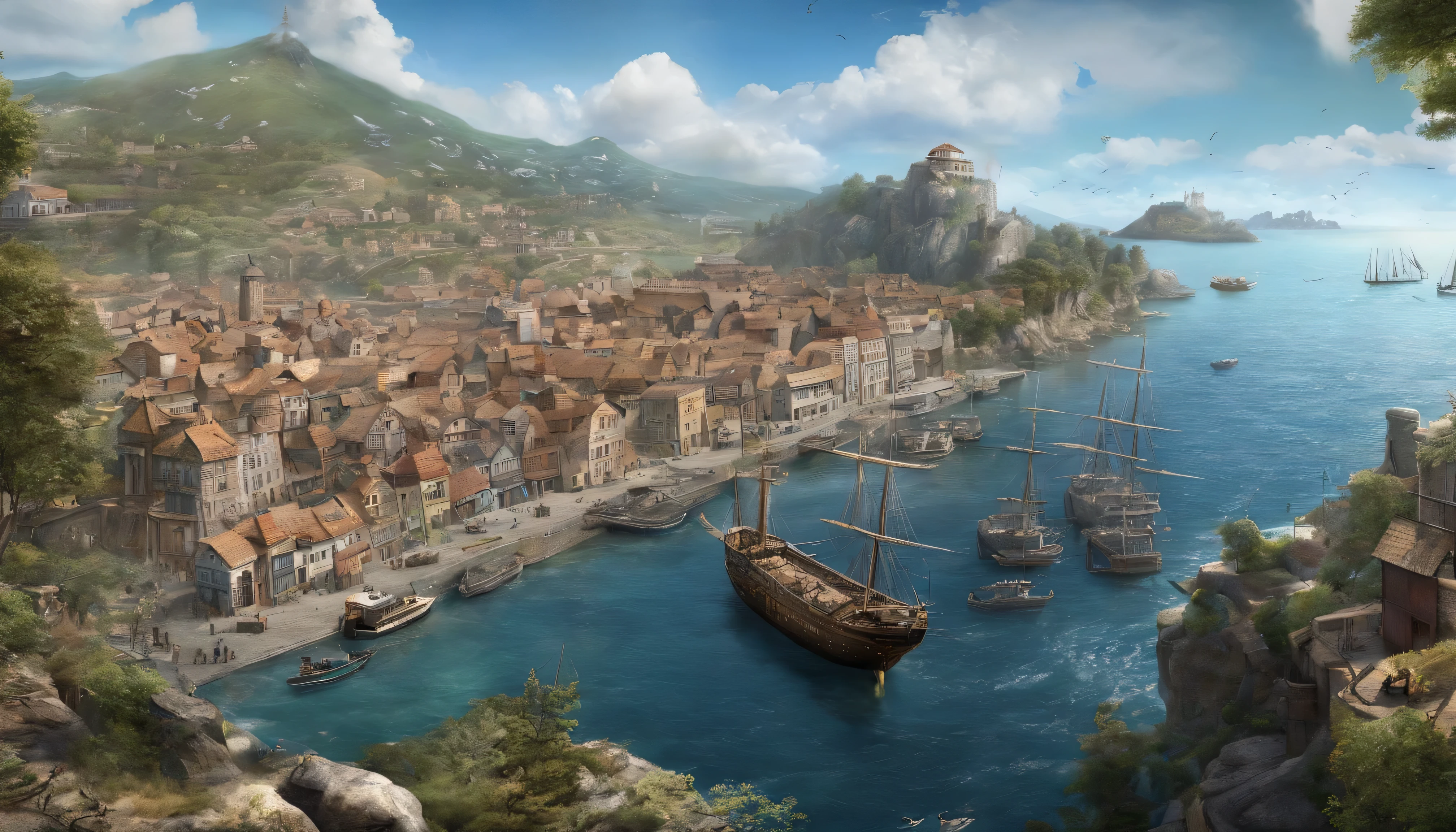 high fantasy, A port town surrounded by the sea, fantasy background、exterior、(((Sea and ships as far as the eye can see))), 