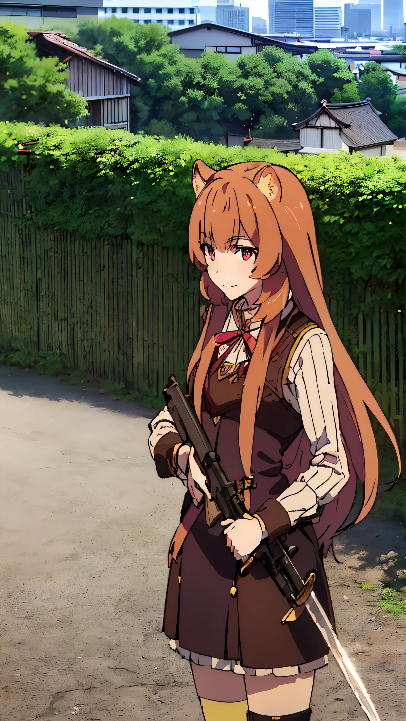 Raphtalia, Beauty、brown hair, animal ears, red eyes,Little smile、(Look this way:1.8)(full body shot:0.3)standing on the street sidewalk、Japanese town、convenience store、bicycle、Passer-by、(Distant view of modern Japanese city buildings:1.5)、(holding a long sword:1.8)、(Hold the AK47 horizontally,Ready to fight,:1.5)