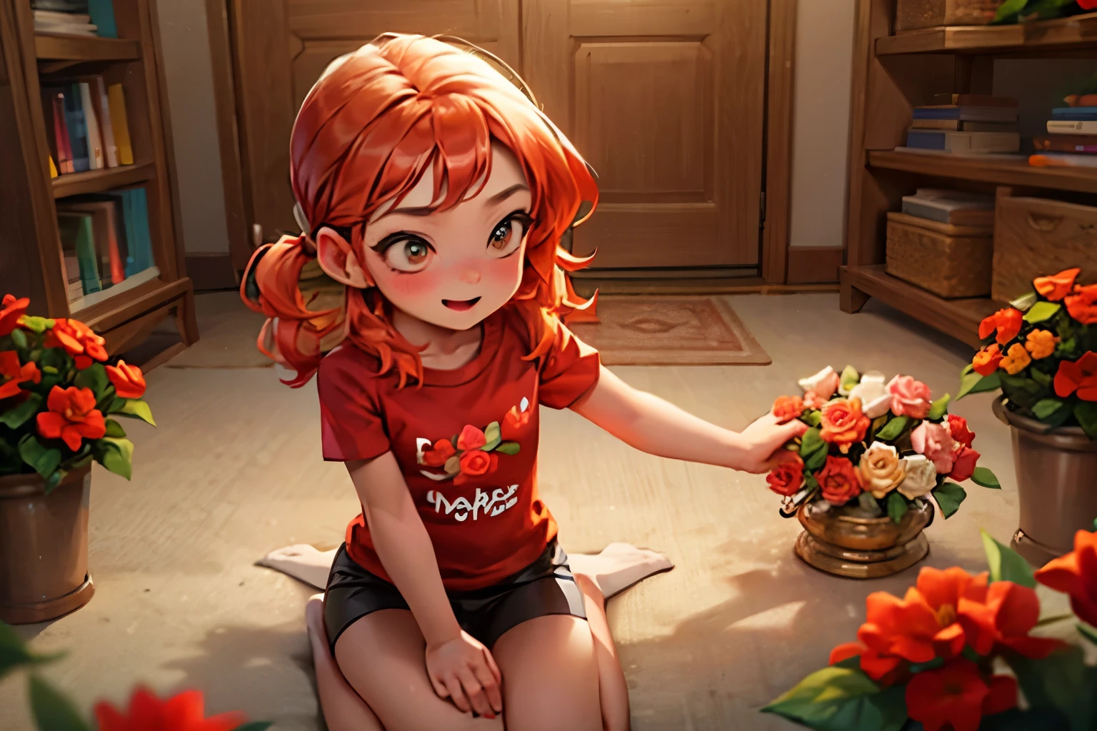 3 year old giving flowers to mother(clothing:red t-shirt)