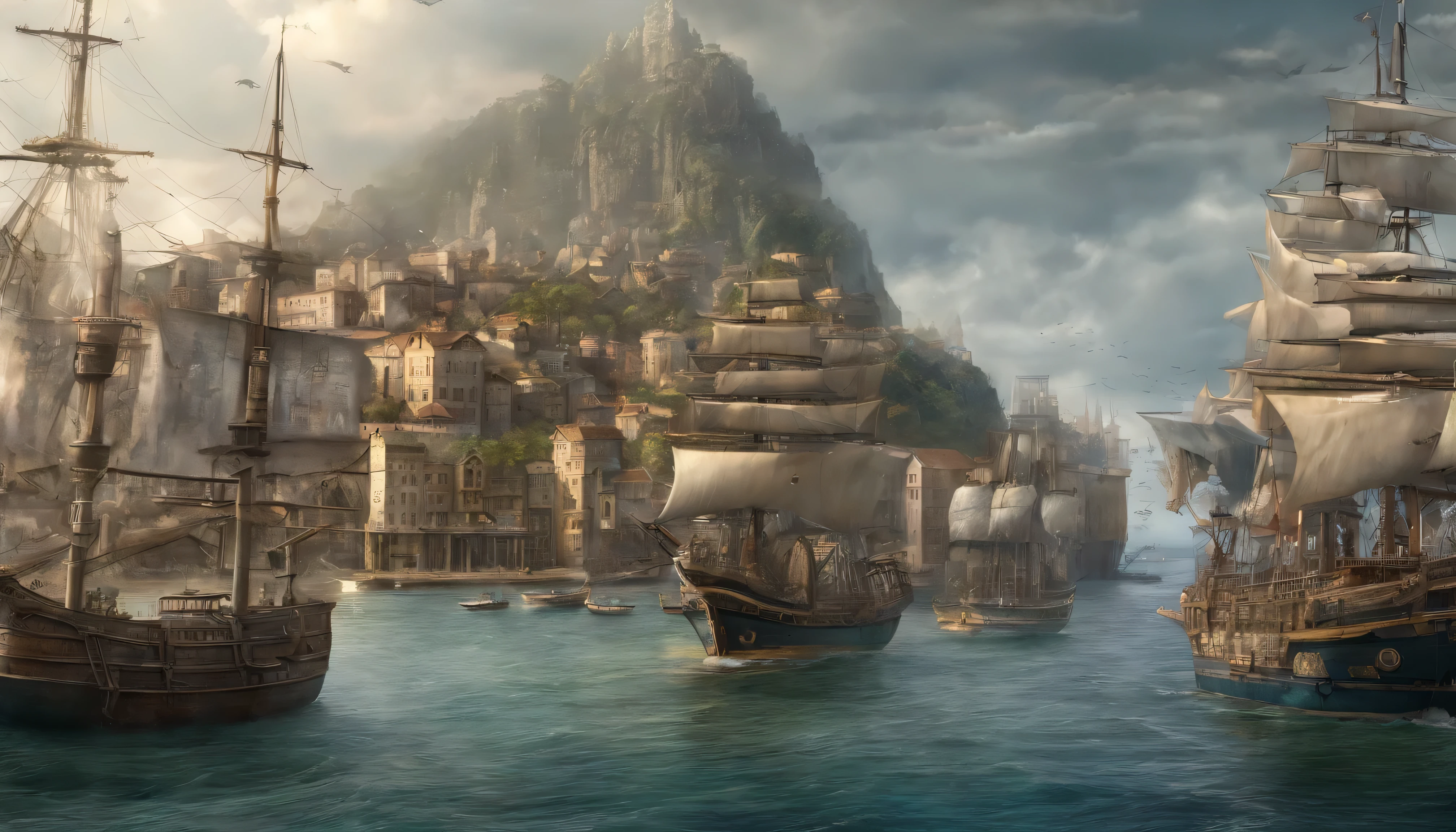 high fantasy, A port town surrounded by the sea, fantasy background、exterior、(((Sea and ships as far as the eye can see))),