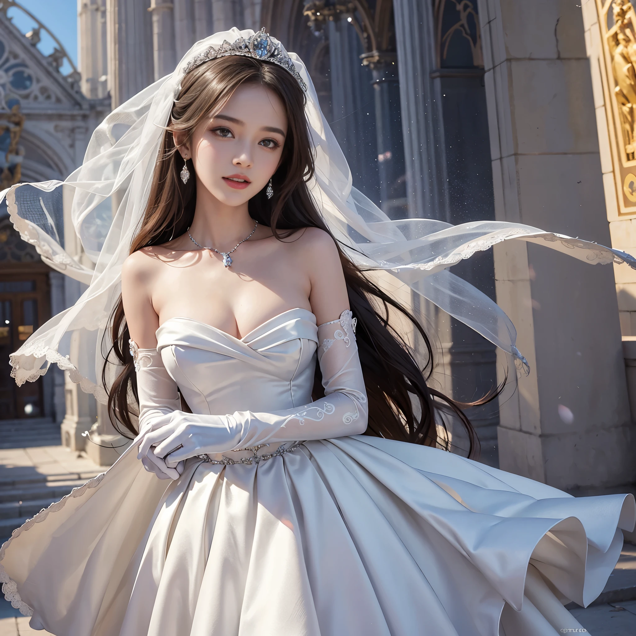 best quality, masterpiece, 1 girl, huge laugh, , shiny lips, sweet, sun glare, Conservative attire, Beaded bell-line wedding dress, white gloves, bridal tiara, depth of field, blurred background, Cathedral Background, light particles, strong wind, head tilt, long hair, 