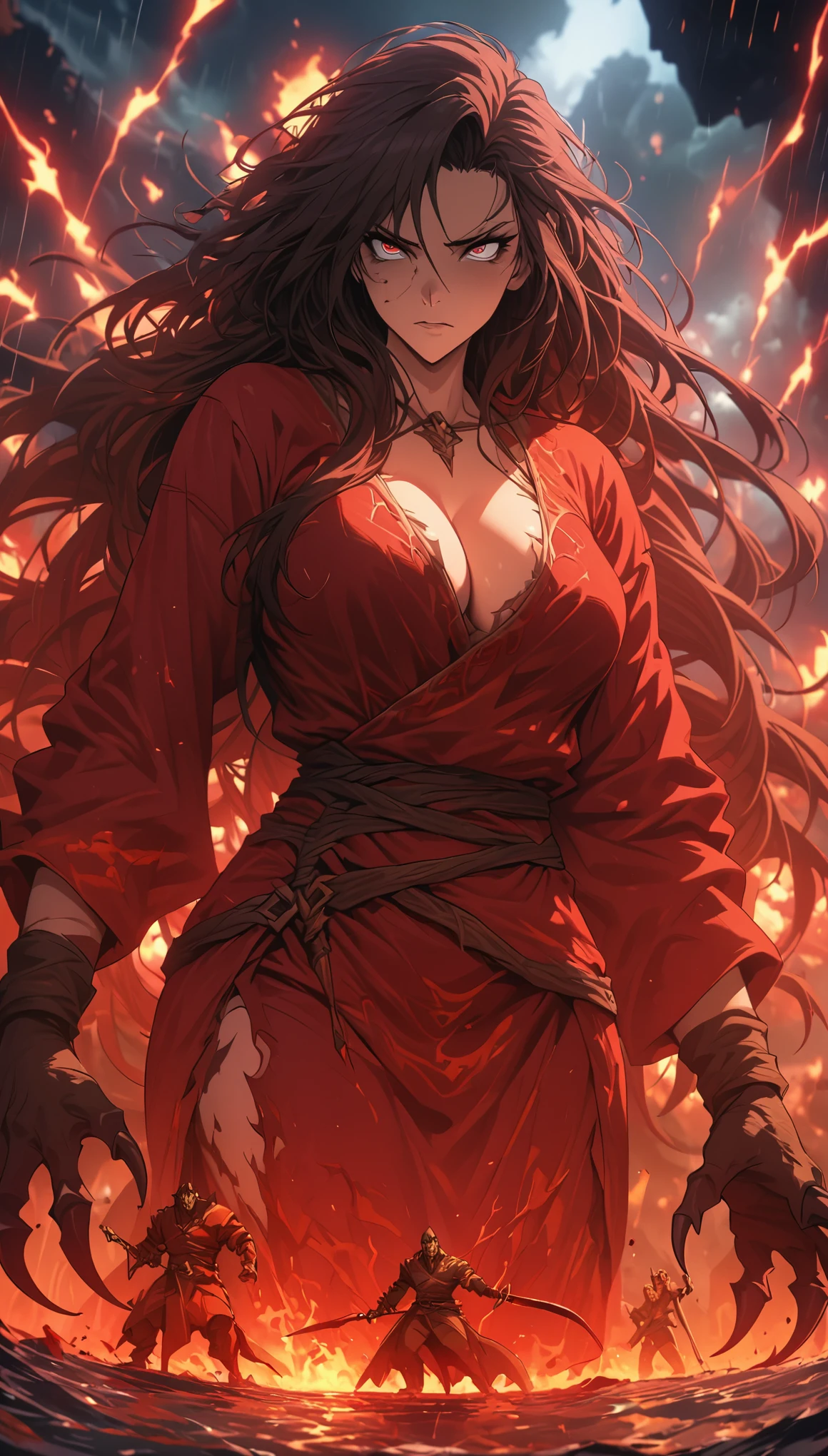 world of dungeons and dragons,(Scale Messenger from Hell:1.4),Look at me condescendingly,contempt,damn,The whole body is wrapped in red flames,The long hairs of flames flutter in the wind,(Super huge, Claws are thick and sharp),(The whole body is covered with black scales:1.5),The scales are covered with thick barbs,The scales are super thick and scary,Reflective Scales Bloodthirsty Demon,(Two claws fighting:1.4),ugly face,Close-up cleavage,Lightning flashes across the sky,Underfoot is a thick sea of clouds and blood),((Blood dripped from between the paws)),(stereoscopic perspective:1.4),artwork,Super detailed,4K resolution,high quality,movie lighting,High picture details,detailed,epic shooting