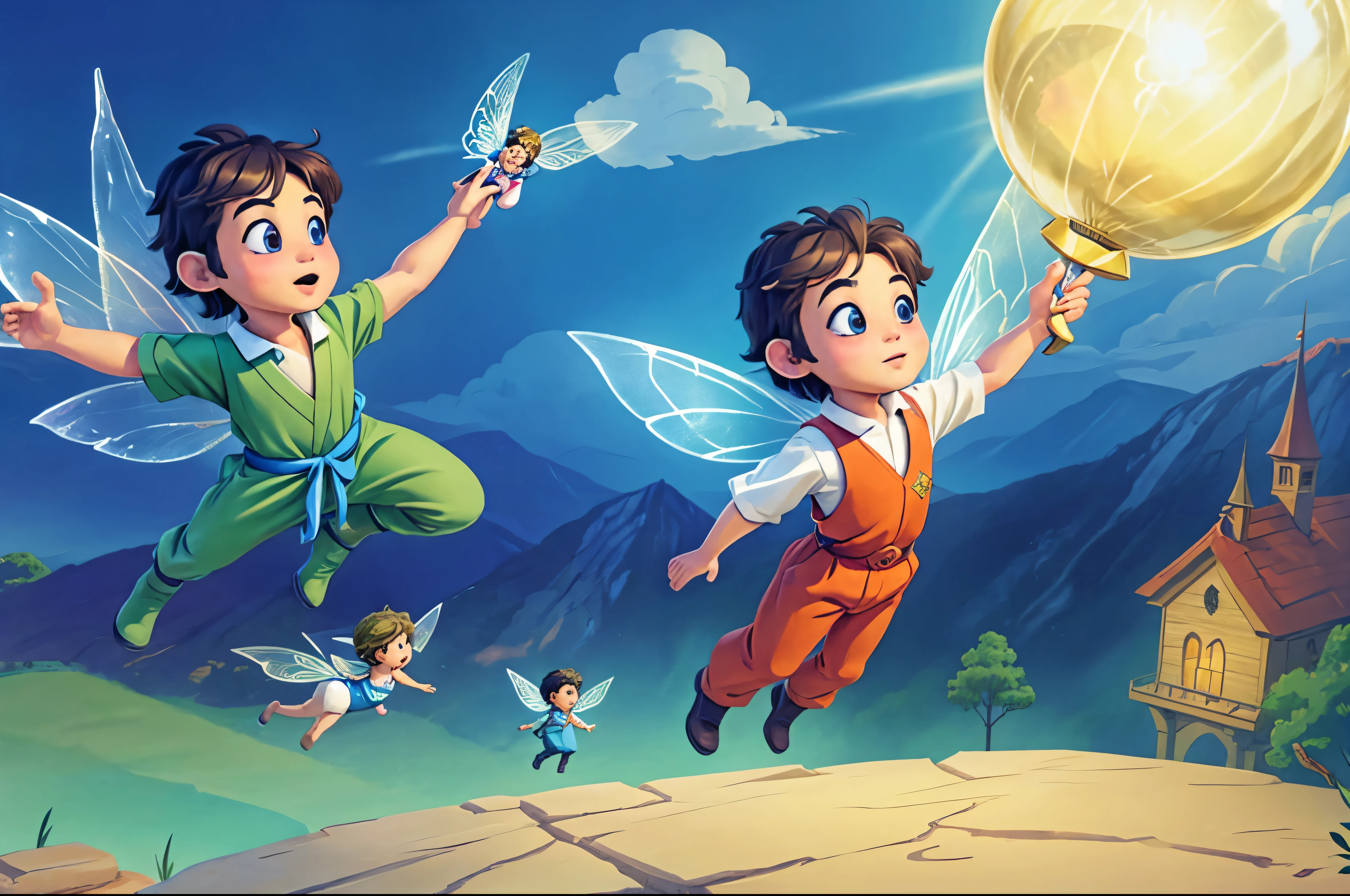 Boy Flying in the Sky、A scene from a picture book、fantasy、children's drawing style、fairy and boy