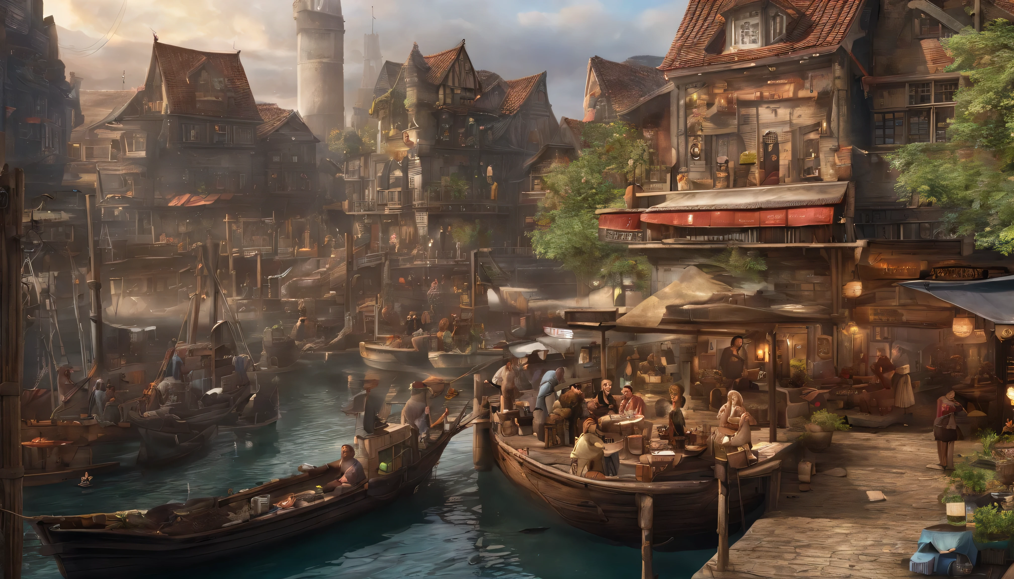 high fantasy, Port town with restaurants, fantasy background、exterior、(((Cooking with lots of people))),