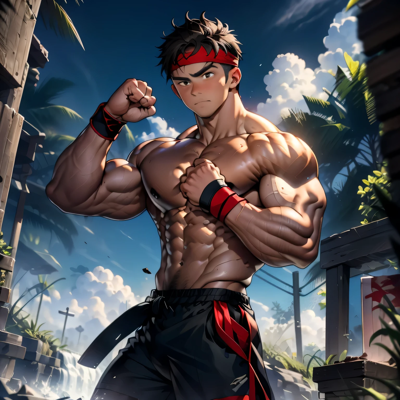 (Masterpiece, Best quality 18 year old boy, simple background, bust shot, looking away), solo, Young, boy, muscler, full bodyesbian, Shirtless, topless, (Dark Short straight hair, under cut, brown eyes), (torn cloth, red headband, ((black wristband))), Vivid colors, (hot Abs, big breast, chest muscle, upper arms), (topless male), closed mouth, tight muscler body, ((epic martial arts pose, fighting pose))