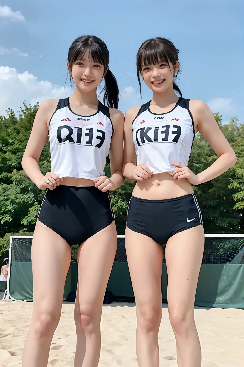 Two girls standing on a beach volleyball court,Two-piece school swimsuit with white trim,T-back,18-year-old,bangs,Smile a little,thighs,share,knees,short cut hair,ponytail,from below、round jiggly butt、cute、track and field uniforms