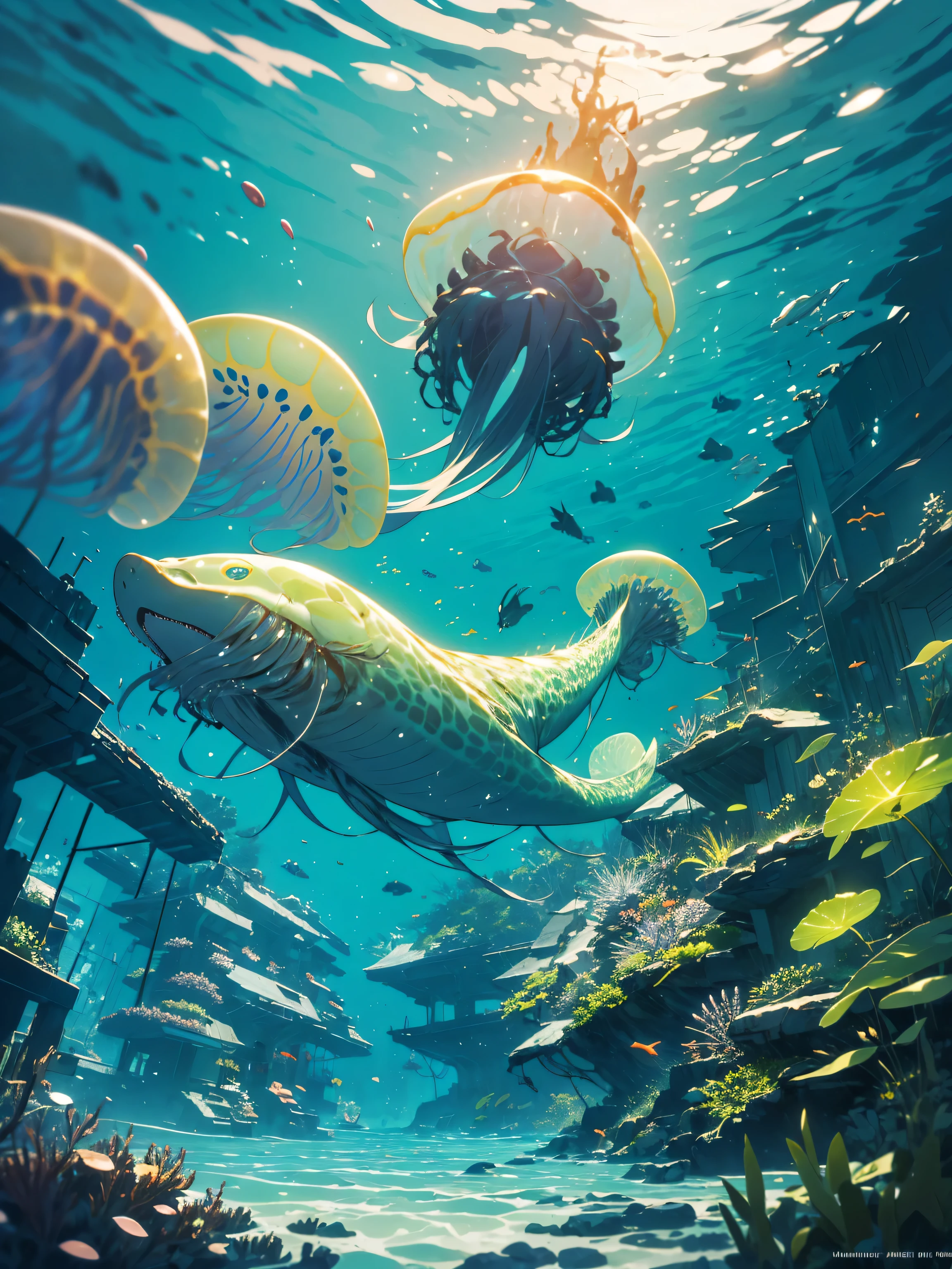 masterpiece, highest quality, (very detailed 、 8k wallpaper), (highest quality), (best illustration), (best shadow), ((girl swimming underwater))、Marine theme with natural elements. tall mangrove, rich marine plants, Luminous jellyfish, surrounded by schools of fish, 光るparticle effects,, (marine plants), (sea theme), ((luminescent algae)), (coral), ((Luminous jellyfish )), ((Creatures that glow in seawater)), ((seafire)), (((particle effects))), isometric , octane rendering, ray tracing, Super detailed、(beautiful anime)
