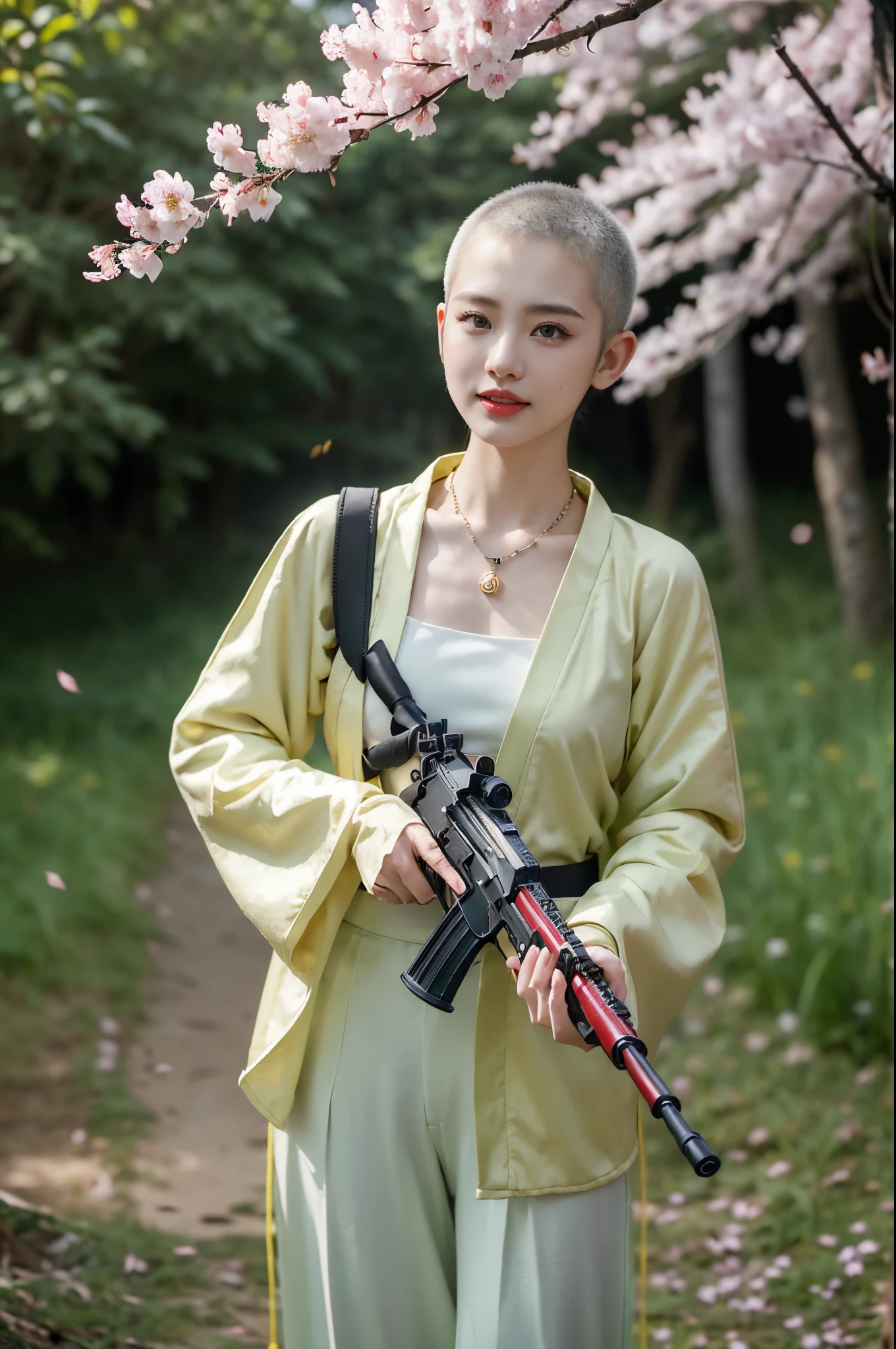 ((((8k))),((Extremely meticulous CG)) ,(wallpaper),16k,((Extremely refined and beautiful)),(((Masterpiece))),(((best qualtiy))),(((Ultra High Resolution))),beautiful light up,Perfect lightning,realistic shaded,((high resolution)),(Smooth and flawless fair skin:1.5),(pale skin:1.3),(Extremely exquisite facial details:1.2),(perfect body:1.1),(ultra-detailed),((A beautiful girl,solo)),(small head:1.2),(buzz cut:1.5),(small face:1.2),(baby face:1.3),(Exquisite makeup:1.2),(necklace:1.2),(small breasts:1.2),(flat chests:1.2),((slim,thin)),(laughing:1.2),(happy:1.2),(day scene:1.3),(bright sunshine:1.3),(outdoor:1.2),(early spring:1.3),(on the mountain:1.3),(detailed background:1.5),(standing:1.3),(upper body:1.3),(from front:1.2),arafed girl,(holding a submachine gun:1.5),(Green camouflage hanfu_jacket:1.3),(gloves:1.2),(pants:1.2),chinese fantasy,traditional ancient china art style,assault rifle,bokeh,bullpup,cherry blossoms,depth of field,east asian architecture,finger on trigger,kalashnikov rifle,looking at viewer,motion blur,object namesake,pink flower,red lips,ribbon,rifle,scopeshotgun,shrine,submachine gun,suppressor,tree,trigger discipline,weapon,tight sleeves