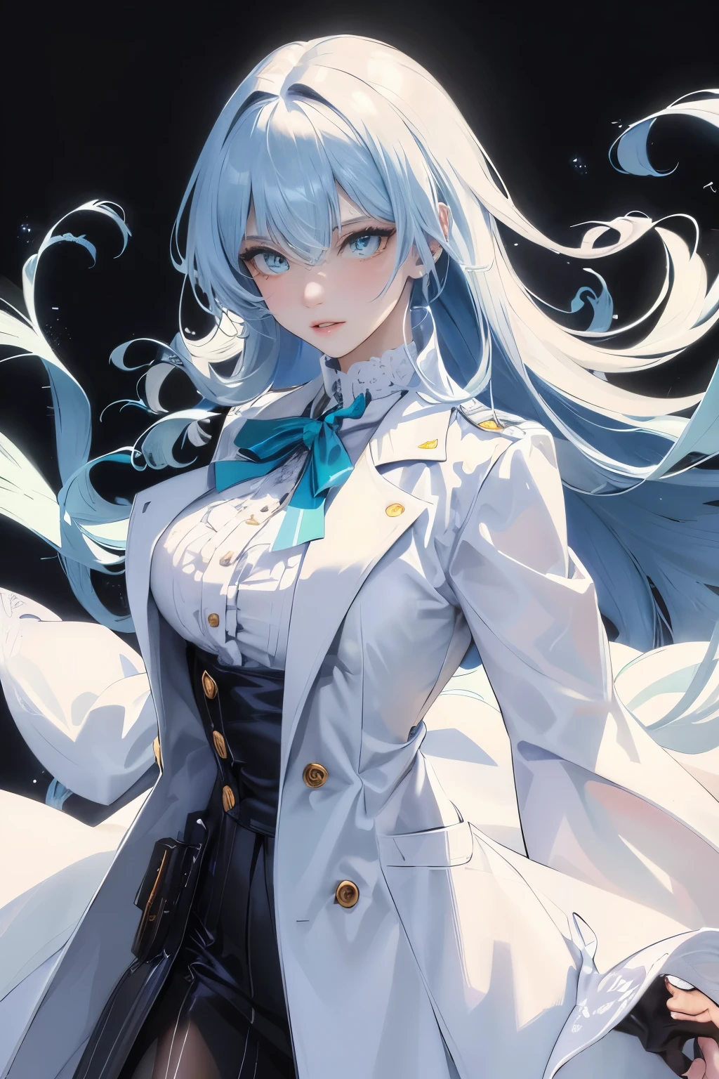 (highest resolution, clear_image) highest quality, a female's masterpiece, very detailed, semi-realistic,(most of the body), (highest quality, masterpiece, Super realistic),blue hair, wolf cut, Torn black bangs, open jacket, shadows on the eyes, long hair, wolf cutの髪, green and blue stripes in hair, Eyes down, gone crazy, cowboy view,intimidating pose、(The whole body from head to foot)、Powerful atmosphere、Sharp eyes、glare at、cool beauty、pressure、put on a white coat、Leather goods、comb your hair、final boss、adult woman、Being Calm、Great people、Hair ruffles、white dress suit、hall々walking with