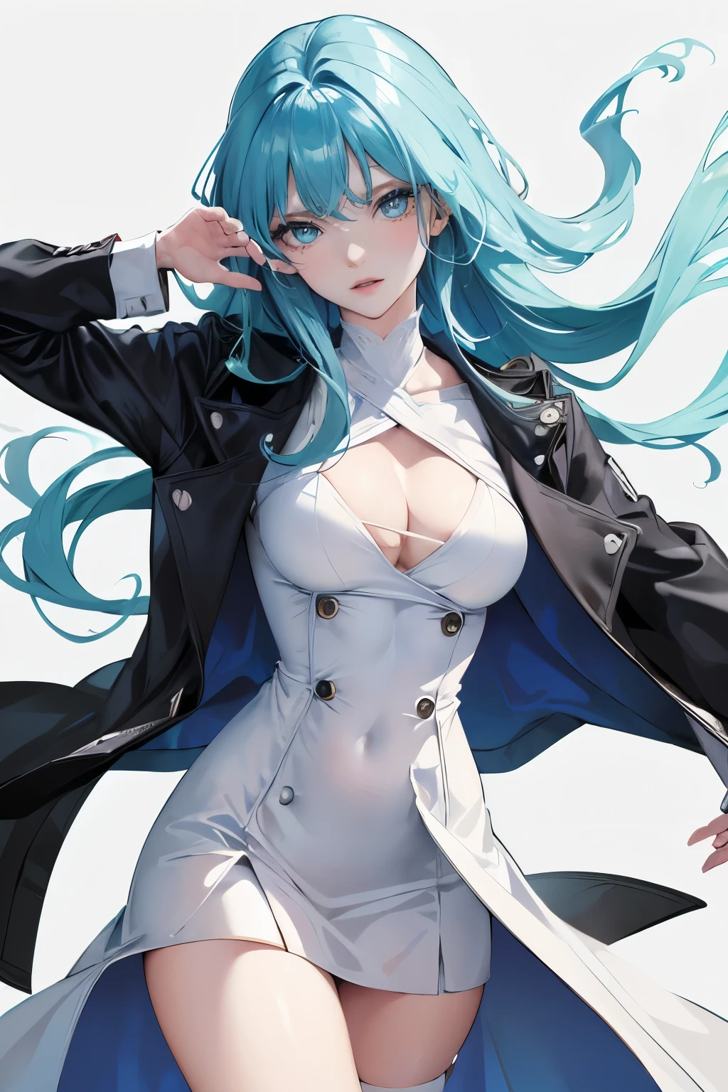 (highest resolution, clear_image) highest quality, a female's masterpiece, very detailed, semi-realistic,(most of the body), (highest quality, masterpiece, Super realistic),blue hair, wolf cut, Torn black bangs, open jacket, shadows on the eyes, long hair, wolf cutの髪, green and blue stripes in hair, Eyes down, gone crazy, cowboy view,intimidating pose、(The whole body from head to foot)、Powerful atmosphere、Sharp eyes、glare at、cool beauty、pressure、put on a white coat、Leather goods、comb your hair、final boss、adult woman、Being Calm、Great people、Hair ruffles、white dress suit、hall々walking with、gun、gun口をこちらに向ける、