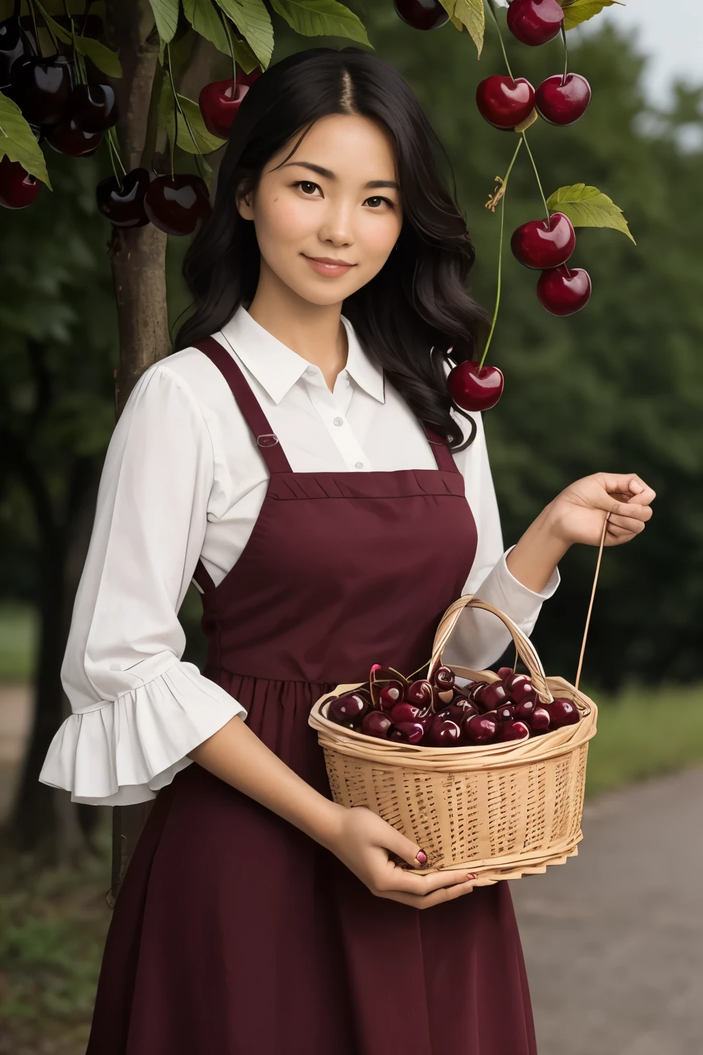 A woman holding a basket of red cherry