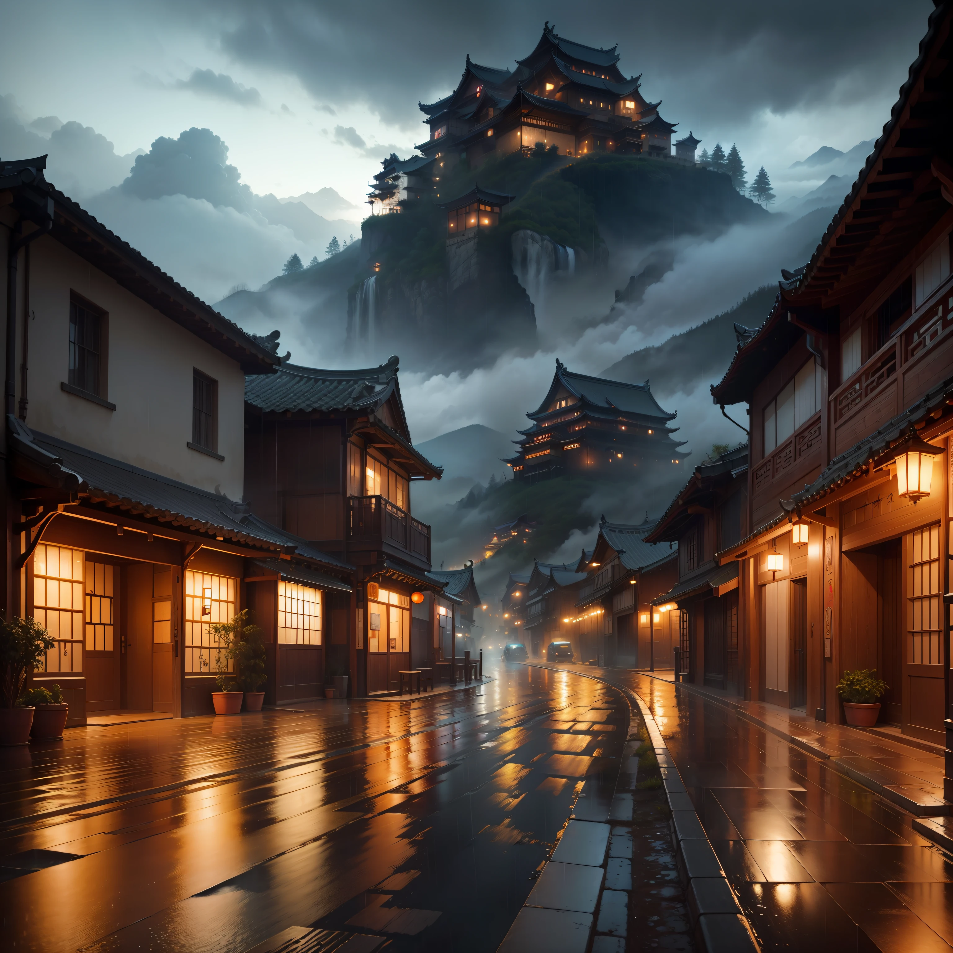 ((downpour)))(((masterpiece))), (((best quality))), ((Super detailed)), village view,There are a lot of lights on the building, dreamy China Town, china village, amazing wallpapers, China Town, china village, Surreal photos of a small town, old asian village, japanese city, author:Raymond Han, rainy night, Chinese ancient castle, Beautifully lit buildings, when it rains at night, Beautiful and beautiful, photography, cinematic, 8K, high detail, Village by the stream, Cloud-shrouded mountains