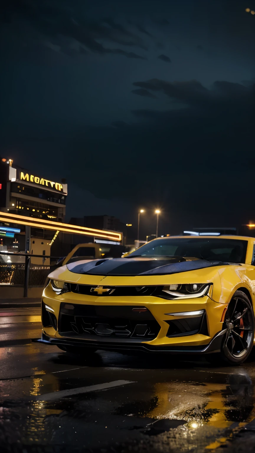 (best quality,4k,8k,highres,masterpiece:1.2),yellow Chevrolet Camaro,black skyline stripes,view from the lower right side, illuminated by colorful neon lights, night atmosphere,shiny,hdr,sharp focus,physically-based rendering,ultra-detailed,lustrous,chrome wheels,vivid colors,electric.