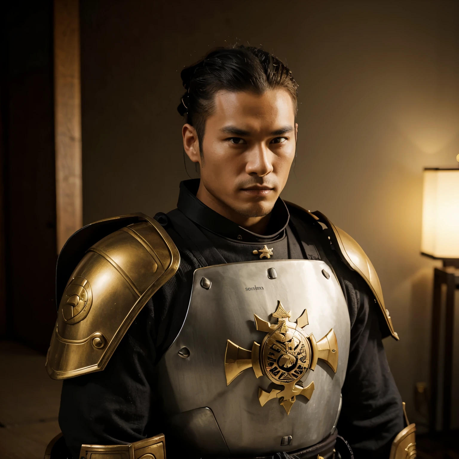a man wearing a set of power armor designed in the samurai style and with golden motifs
