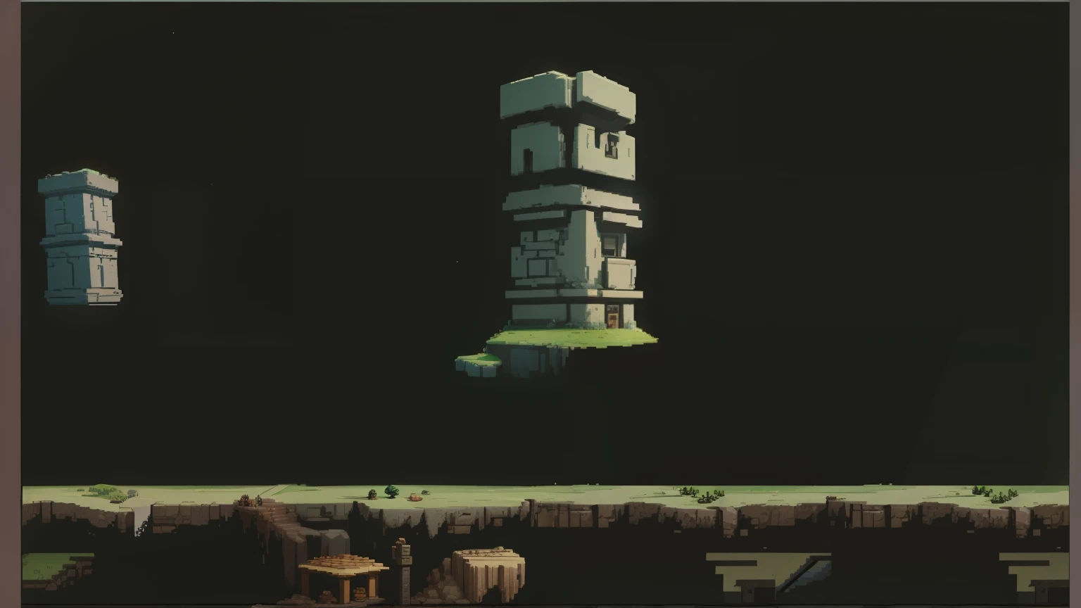 um close de um videogame estilo pixel com uma torre, conceito pixelart, giant head statue ruins, Colosso de pedra permanece, lateral - rolagem de plataforma 2 d, Arte de videogame digital 2D, Arte pixelada de 32 bits, jogo de rolagem lateral, arte do jogo 2D, arte do jogo 2d, arte conceitual do jogo indie, videogame ainda, totem 2, templo perdido