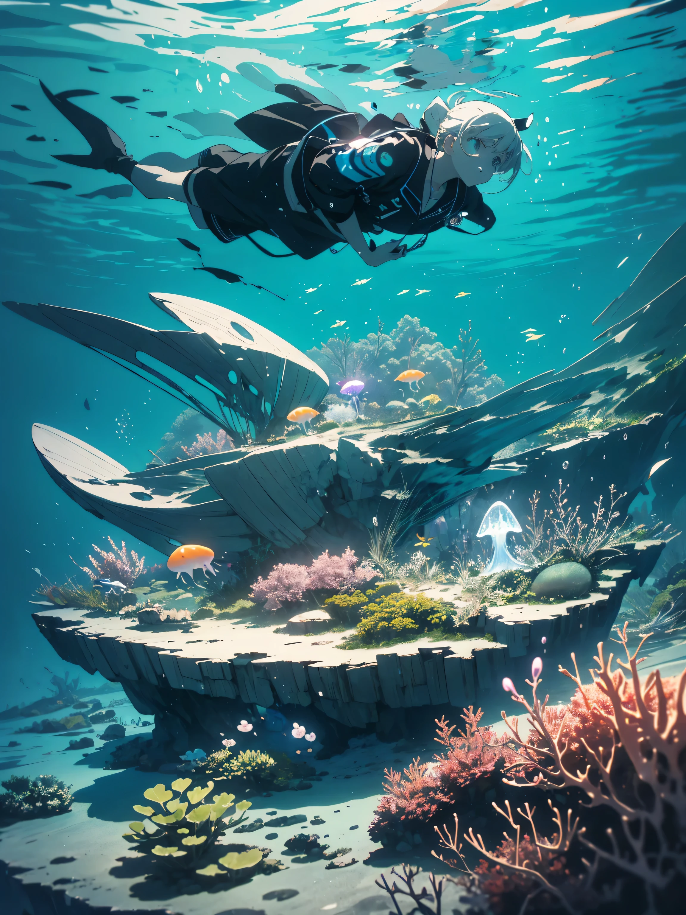 masterpiece, highest quality, (very detailed 、 8k wallpaper), (highest quality), (best illustration), (best shadow), ((girl swimming underwater))、Marine theme with natural elements. tall mangrove, rich marine plants, Luminous jellyfish, surrounded by schools of fish, 光るparticle effects,, (marine plants), (sea theme), ((luminescent algae)), (coral), ((Luminous jellyfish )), ((Creatures that glow in seawater)), ((seafire)), (((particle effects))), isometric , octane rendering, ray tracing, Super detailed、(beautiful anime)