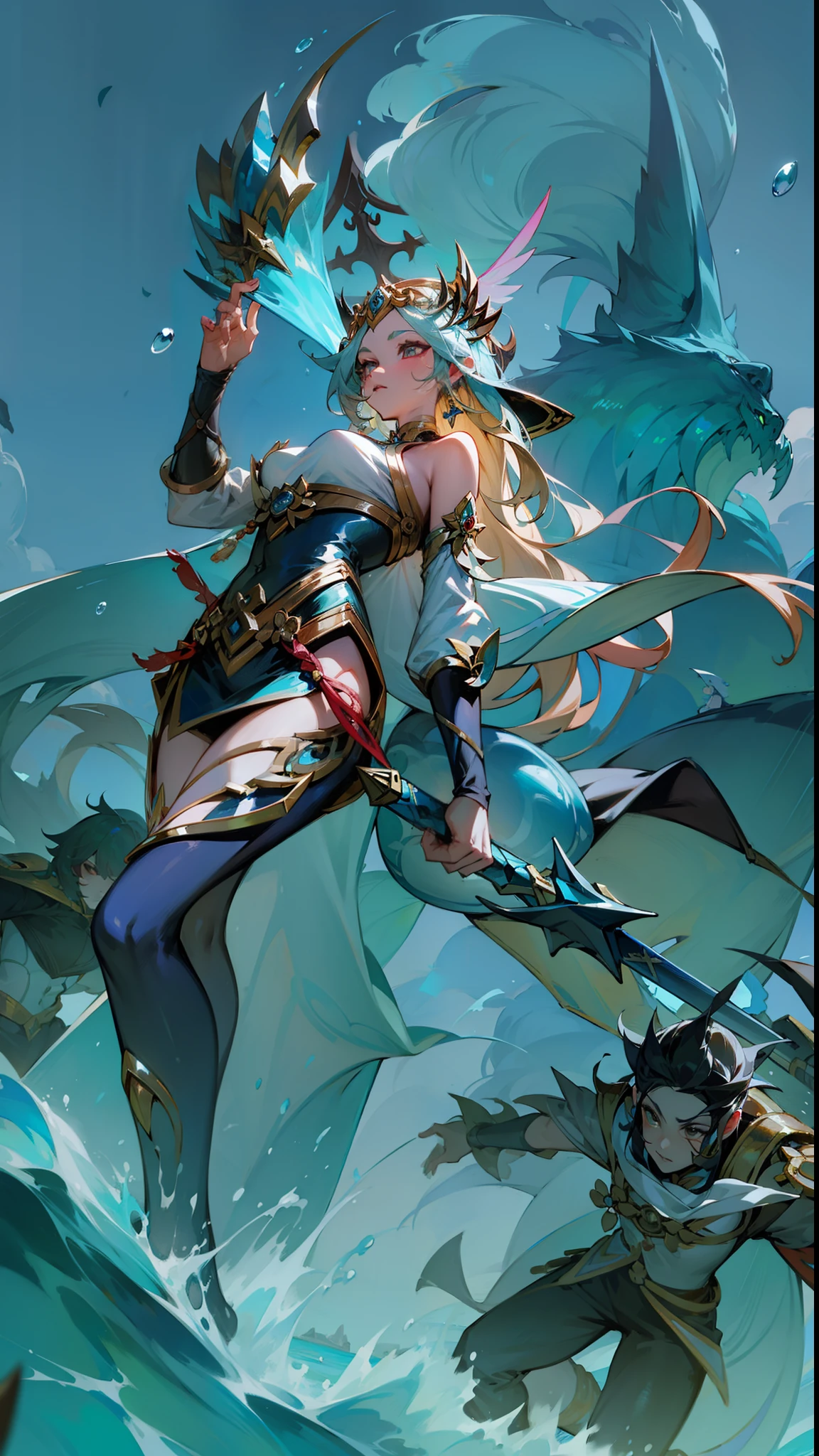 A group of anime characters holding swords, Queen of the Sea Mu Yanling, One Piece, character splash art, League of Legends style, League of Legends art style, wild rift, Legends of Runeterra, mobile legends, g liulian art style, Official splash art,In the sea,huge waves,Behind the boat,Heavy rain day,On the sea,clear structure,Exquisite facial features,captain,Caribbean