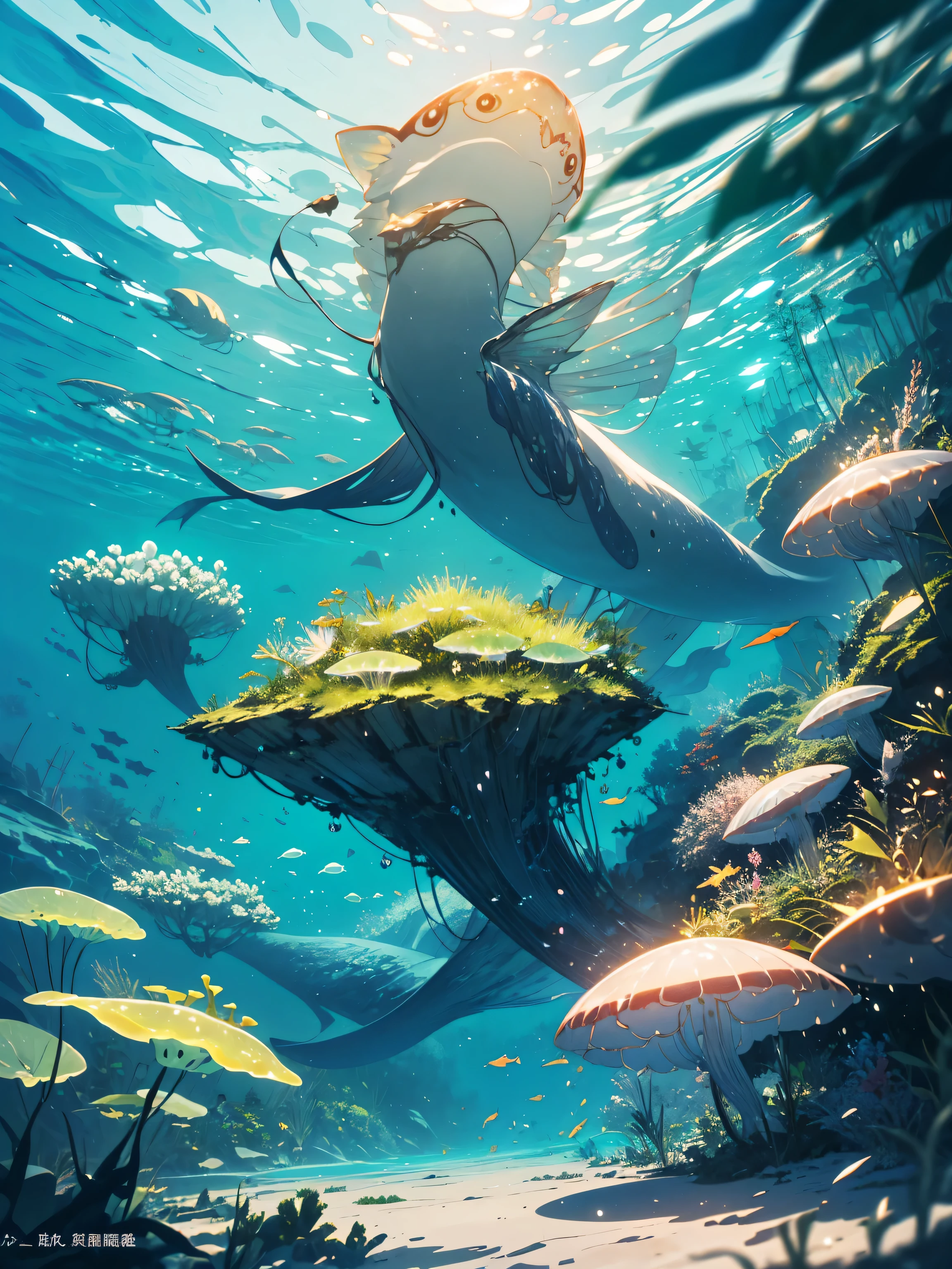 masterpiece, highest quality, (very detailed 、 8k wallpaper), (highest quality), (best illustration), (best shadow), ((girl swimming underwater))、Marine theme with natural elements. tall mangrove, rich marine plants, Luminous jellyfish, surrounded by schools of fish, 光るparticle effects,, (marine plants), (sea theme), ((luminescent algae)), (coral), ((Luminous jellyfish )), ((Creatures that glow in seawater)), ((seafire)), (((particle effects))), isometric , octane rendering, ray tracing, Super detailed、(beautiful anime)