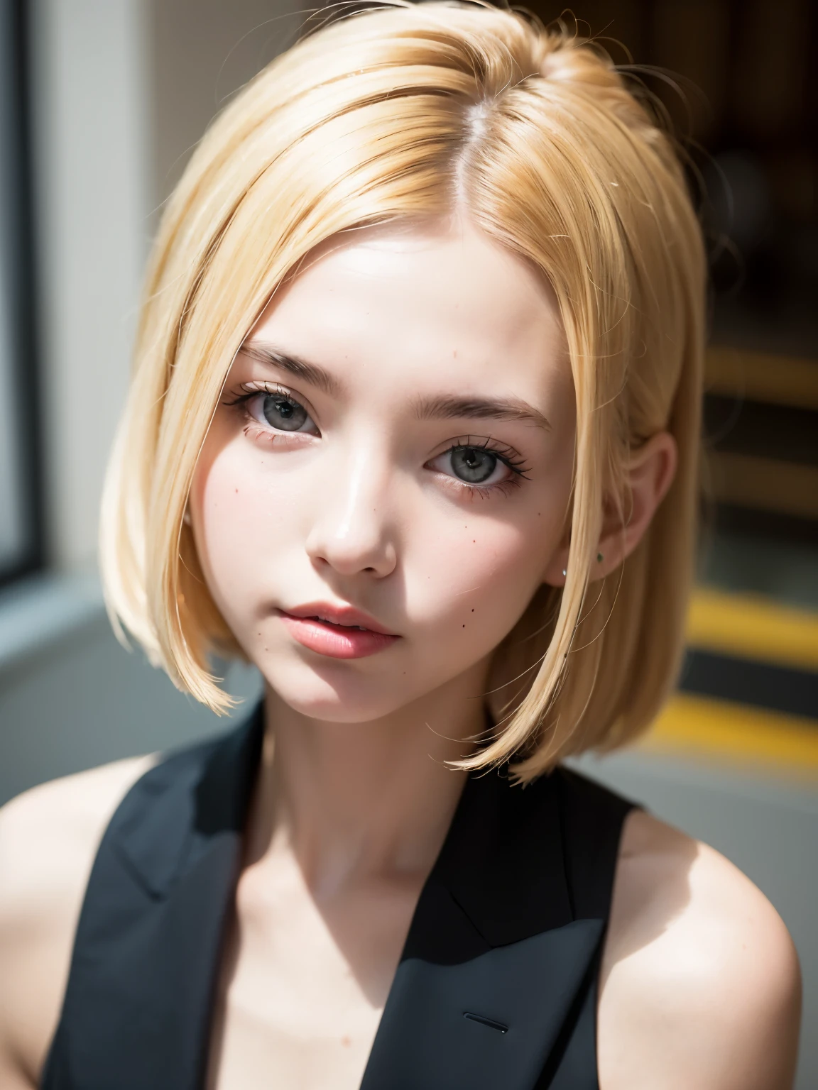 european girl portrait,alone,20 years,beautiful face,Upper body,hair above one eye,medium side cut, blonde hair, sharp focus,black business suit