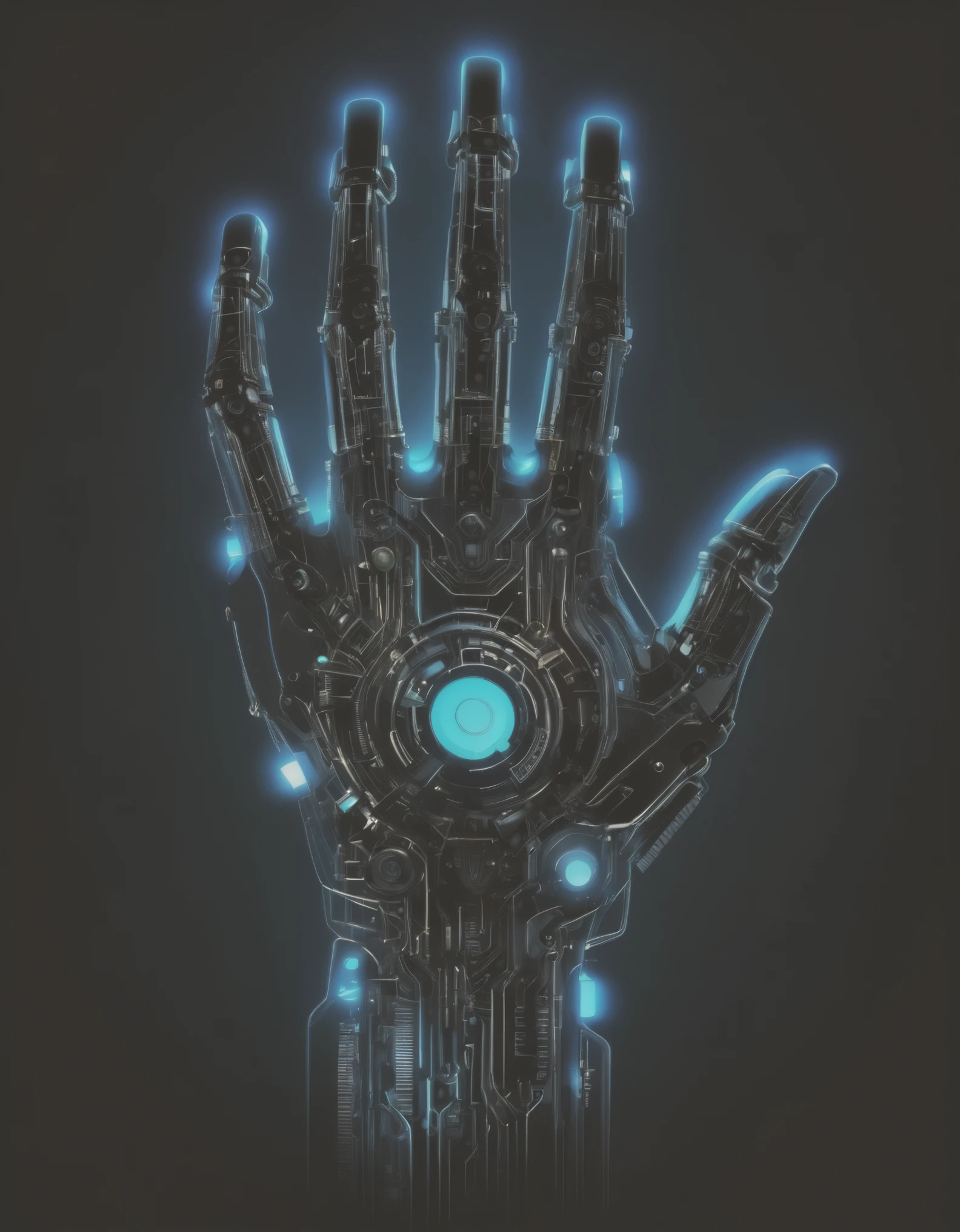 Humanoid Mechanical cyber hand, Outline lines under black shades, scanlines, silhouette, film grain, 16k -