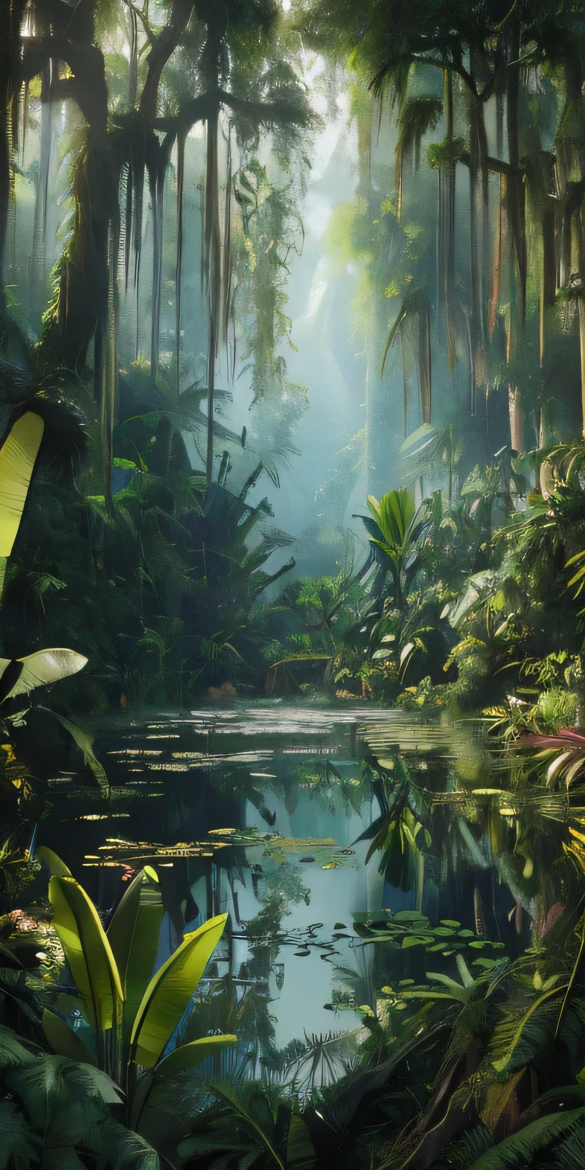 there is a pond in the middle of a jungle with trees, jungle landscape, in a highly detailed jungle, highly realistic concept art, fantasy jungle, deep jungle from another world, beautiful jungle, primeval jungle, jungle environment, an alien jungle, mysterious jungle painting, ancient jungle, eerie jungle, under outer world jungles, ultra realistic concept art, background jungle
