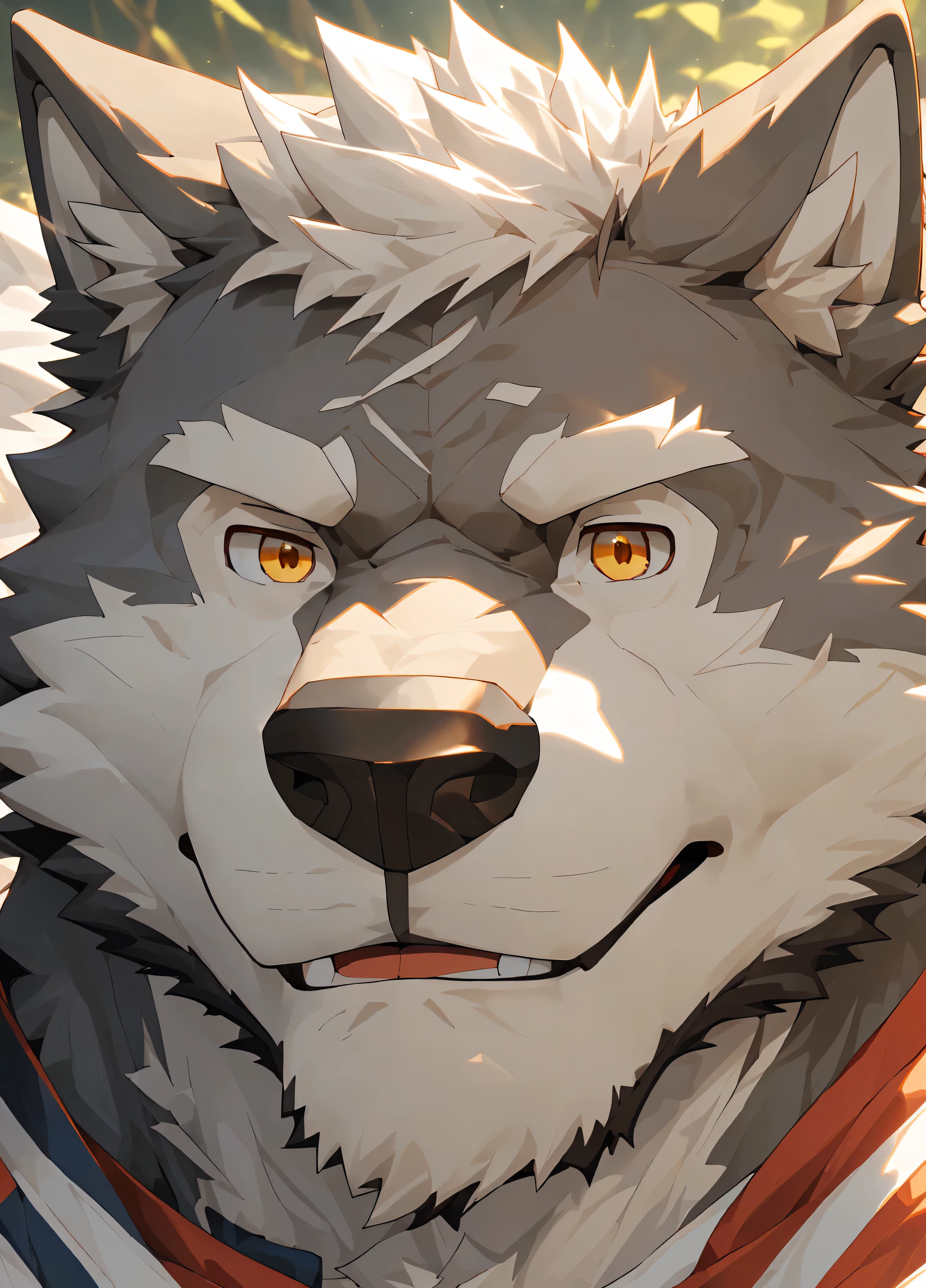 (masterpiece),(Very detailed),(best quality),hairy,Wolf,gray fur,white hair,golden pupils,muscular,(white casual wear),(Holding red mask in hand),(((facial close-up:1.5))),((funny expression)),8K,(high quality),(ultra high definition),(Super detailed)