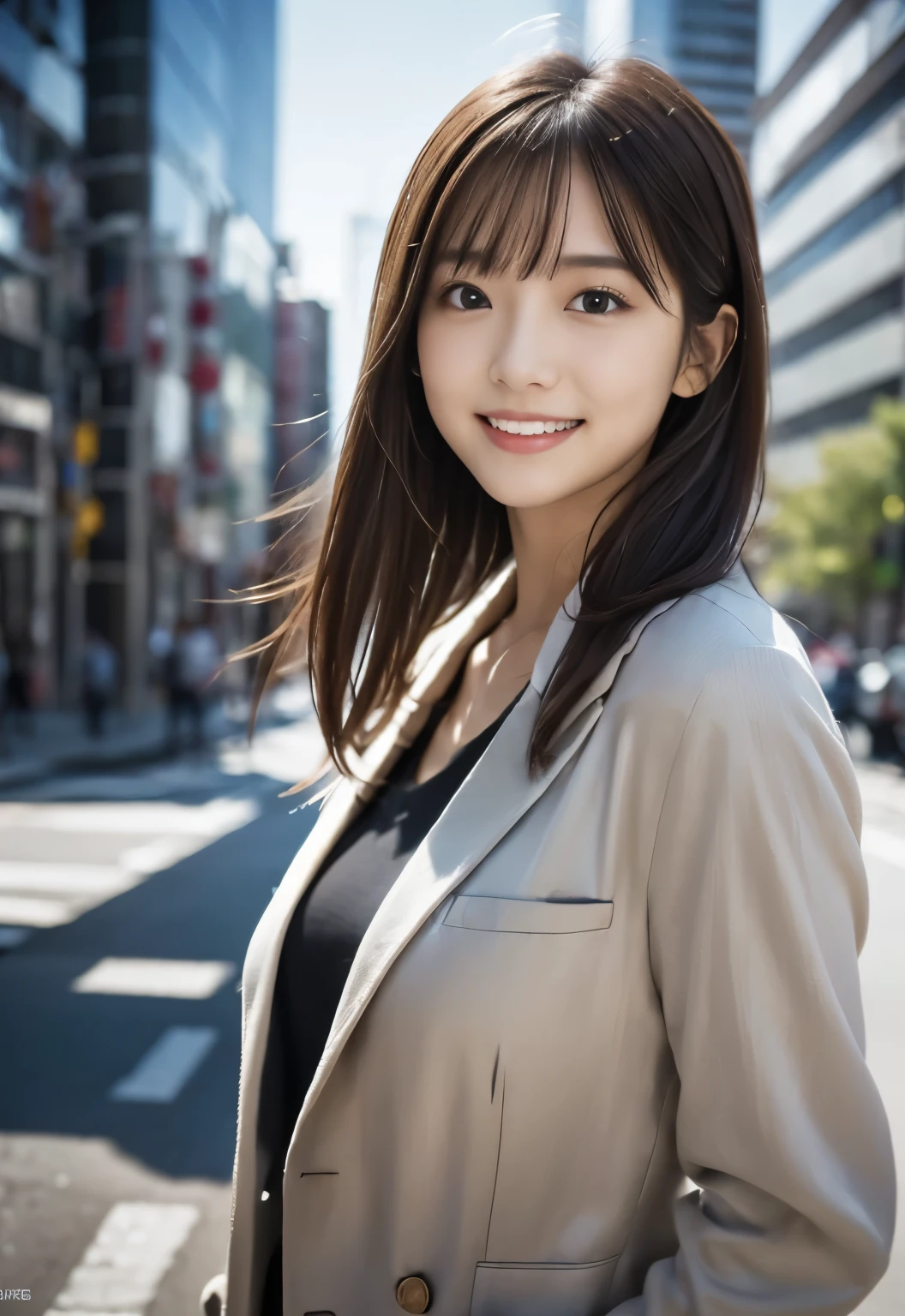 (((Morning City:1.3, outdoor, Photographed from the front))), ((long hair:1.3, suit,japanese woman,smile, cute)), (clean, natural makeup), (highest quality, masterpiece:1.3, 超High resolution), (Super detailed, caustics), (realistic:1.4, RAW shooting), very detailed, High resolution, 16K resolution